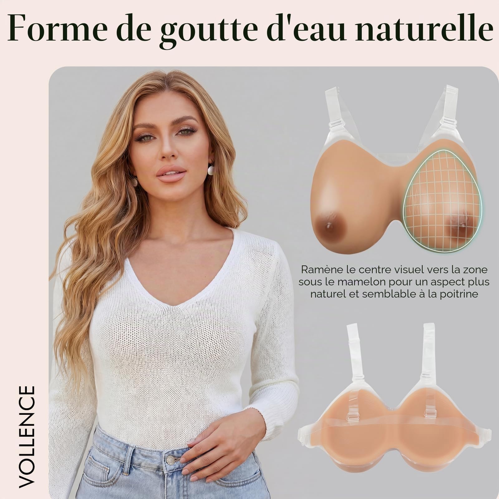 Vollence D Cup Faux Seins Poitrine en Silicone avec Sangles Réglables pour Prothèses de Mastectomie Soutien-Gorge Pads