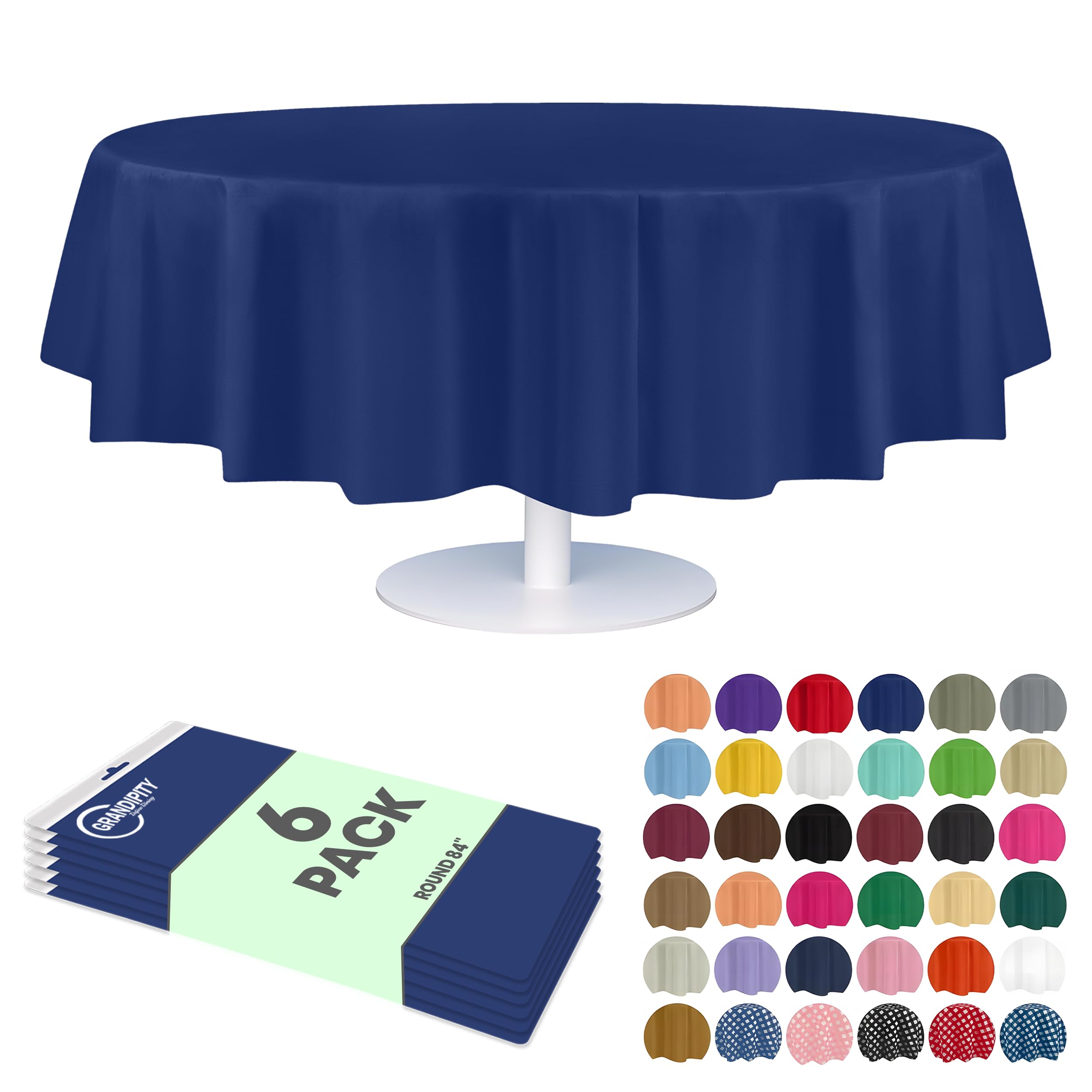Grandipity Blue Plastic Table Cloth Disposable (6 Pk) 84in Round Tablecloth Premium Party Table Cloths Disposable - Perfect Table Cloth Round Cover