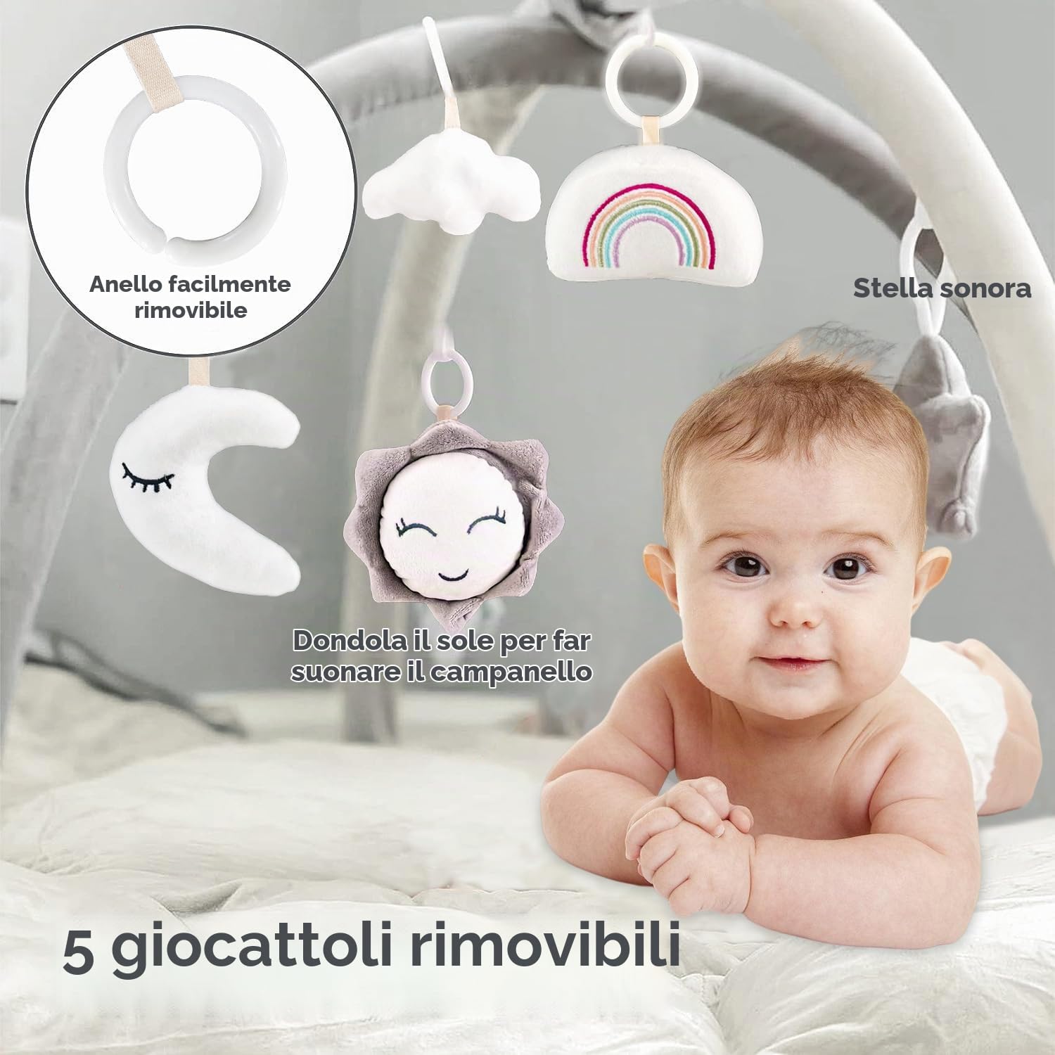Palestrina Neonato Multiattivita, 5 in 1 per bebè con 5 Giocattoli,Palestrina Evolutiva Neonato con attività, tappeto gioco e vasca palline con lati, Palestrina Bambini,Antiscivolo Addensato