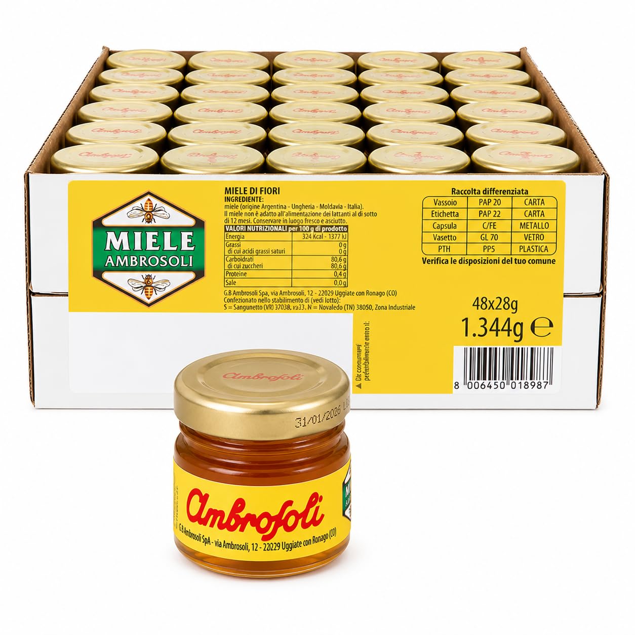 Ambrosoli 48 Porzioni Miele di Fiori 28g, Miele Monodose Pratico per Casa, Ufficio e Colazione