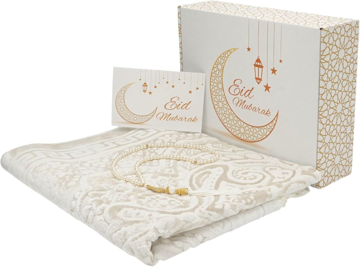 Modefa Muslim Prayer Rug Islam - Ramadan Gifts Set with Prayer Mat & Tasbih Prayer Beads - Soft Plush Islamic Gifts for Women Muslim Gifts for Men - Luxury Velvet Gift Box Set (Paisley Vanilla White)