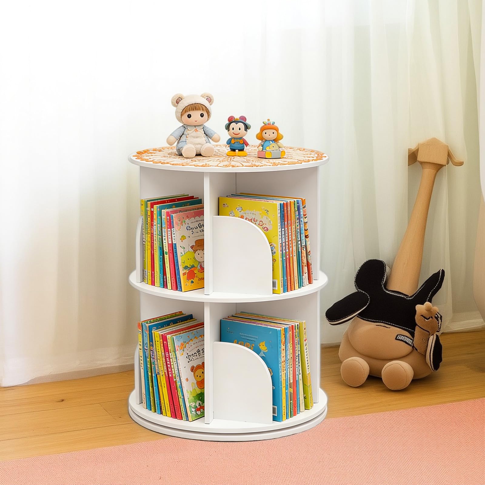 Drehbares Bücherregal Rund Bücherregal Kinder 360 Grad Rotierend Standregal Aufbewahrung, 2 Etagen 8 Fächer PVC Platzsparend Wohnzimmer Schlafzimmer Büro Weiß