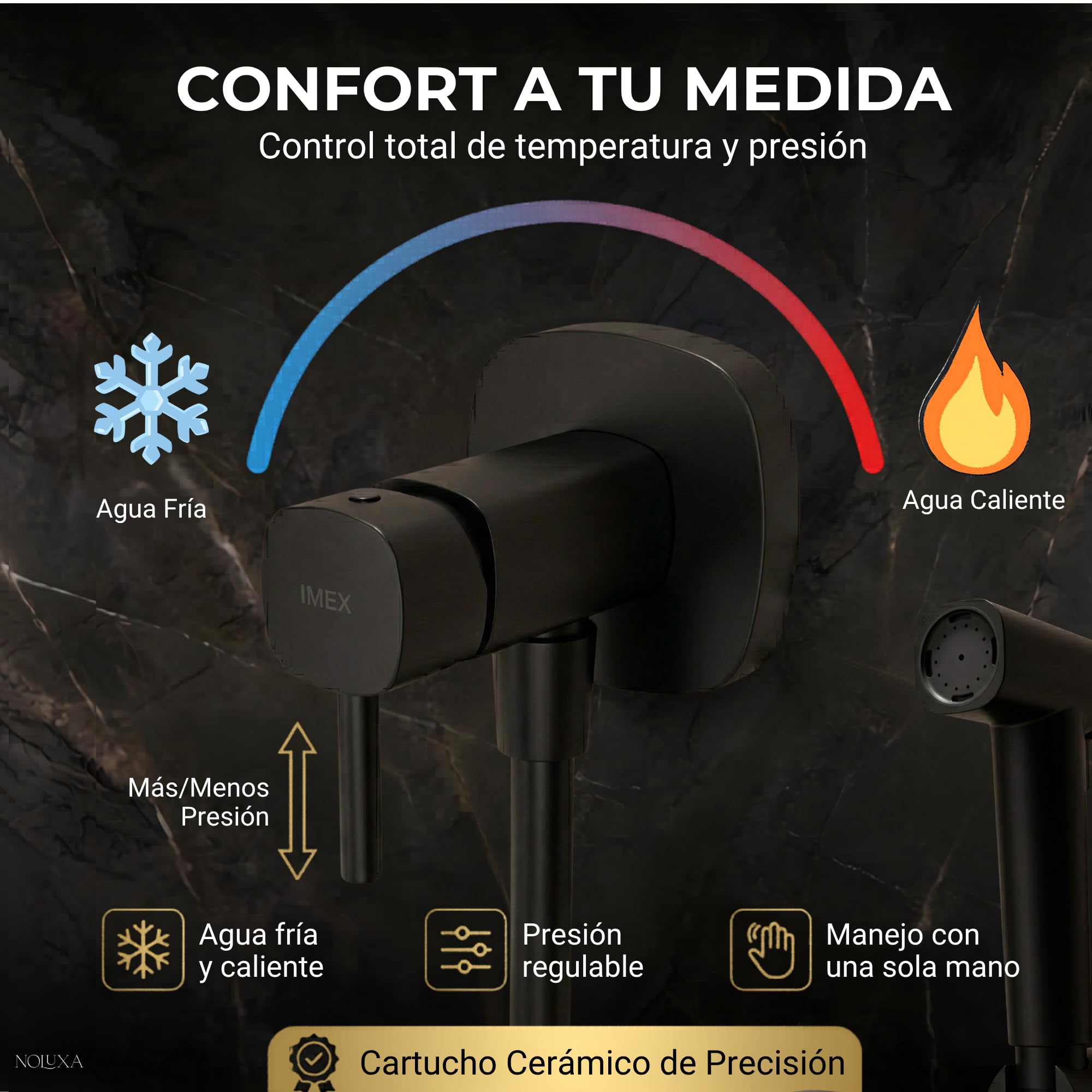 IMEX - Ducha Bidet Agua Fría y Caliente Color Negro Mate | Grifo Bidet Empotrado para WC | Ducha Higiénica Monomando para Inodoro | Grifería Sustituto de Bidé | Serie Toscana