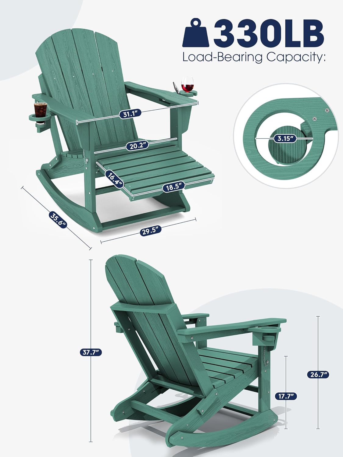 KINGYES Adirondack Rocking Chair Set of 2 with Retractable Ottoman and Cup Holders, HDPE Adirondack Rocker Patio Rocking Chair for Porch, Patio, Balcony, Leaf Green