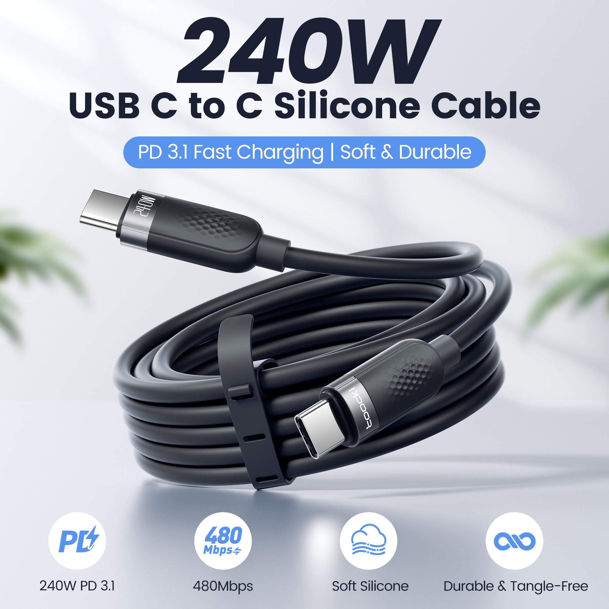 toocki Cavo USB C da 240 W, cavo di ricarica rapida in silicone, confezione