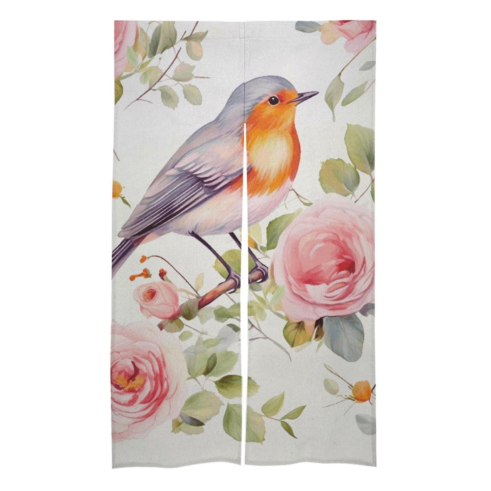 Rideau de porte occultant floral aquarelle rouge-gorge 145x43 cm