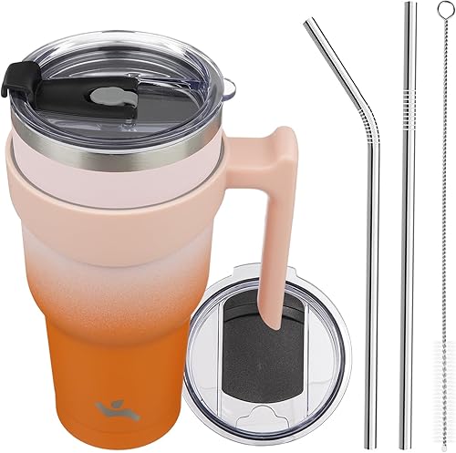 Vaso de 40 onzas con asa y 2 pajillas, 2 tapas, botella de agua aislada de acero inoxidable al vacío, taza de viaje reutilizable, coral