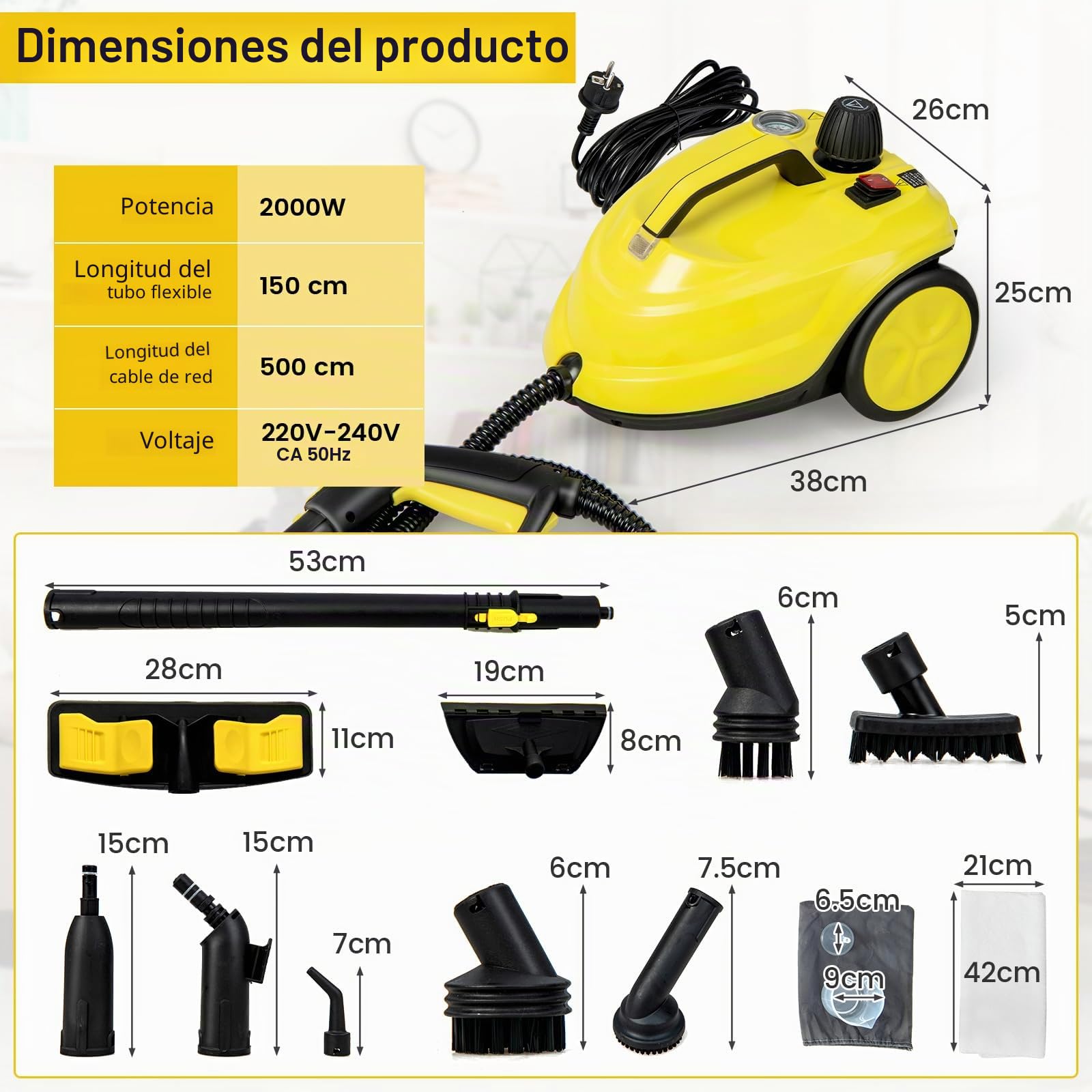 RELAX4LIFE Limpiador a vapor, Presión de vapor: 5 bar, Potencia: 2000 W, Superficie de limpieza: 108 m², Capacidad del tanque: 1,8 L, Tiempo de calentamiento: 8 min., con juego de limpieza para suelos