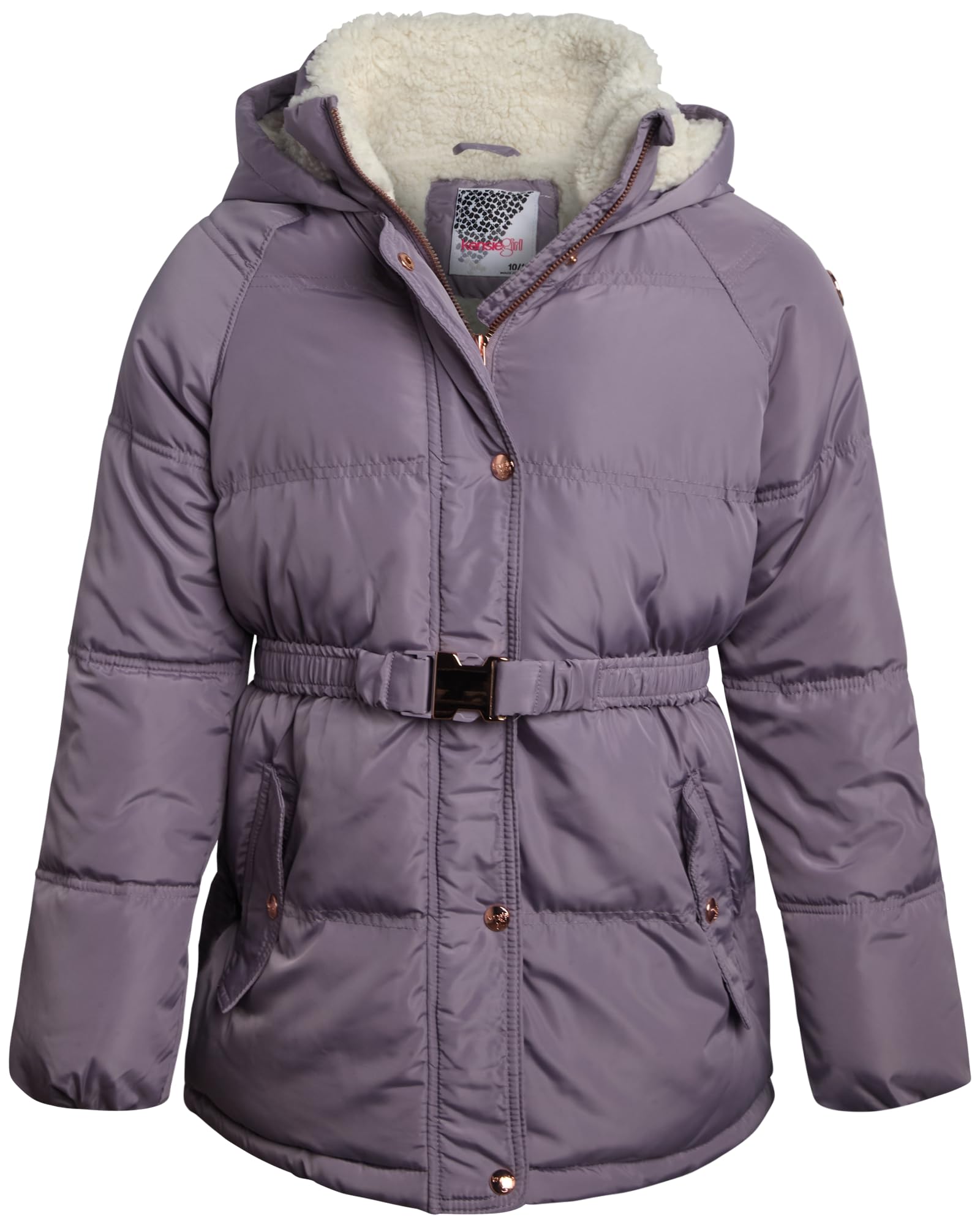 KENSIE GIRL Girls Puffer Jacket Sherpa-Lined Belted Winter Coat | Cozy Soft Warmth, Wind and Water Resistant Outerwear, Cinched Fit for Cold-Weather Play, School, and Frosty Days