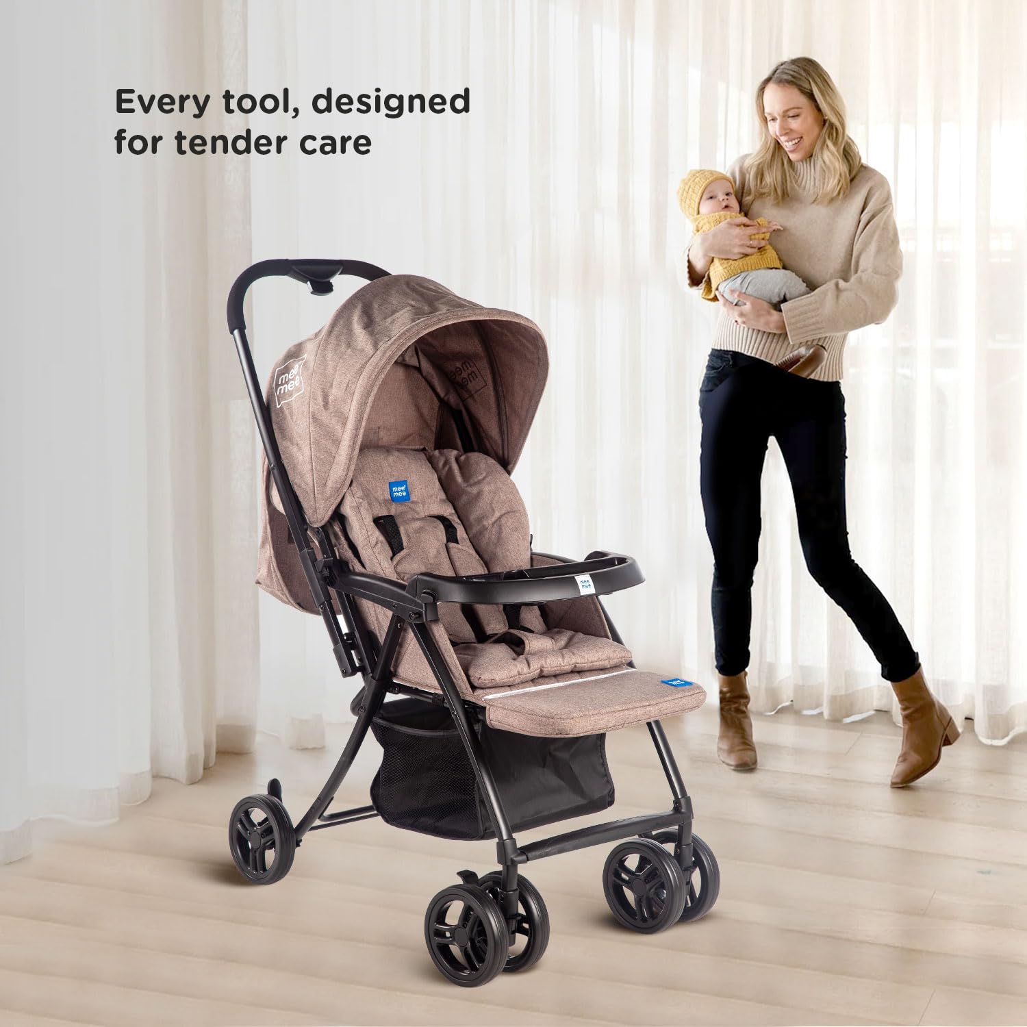 Mee Mee Easy to Push Baby Stroller Pram with Quick One Hand Folding | Comfortable Seating | Fully Rotating Wheels | Feeding Tray for New Born Baby/Kids, 0-4 Years, Beige Mee Mee Easy to Push Baby Stroller Pram with Quick One Hand Folding | Comfortable Seating | Fully Rotating Wheels | Feeding Tray for New Born Baby/Kids, 0-4 Years, Beige