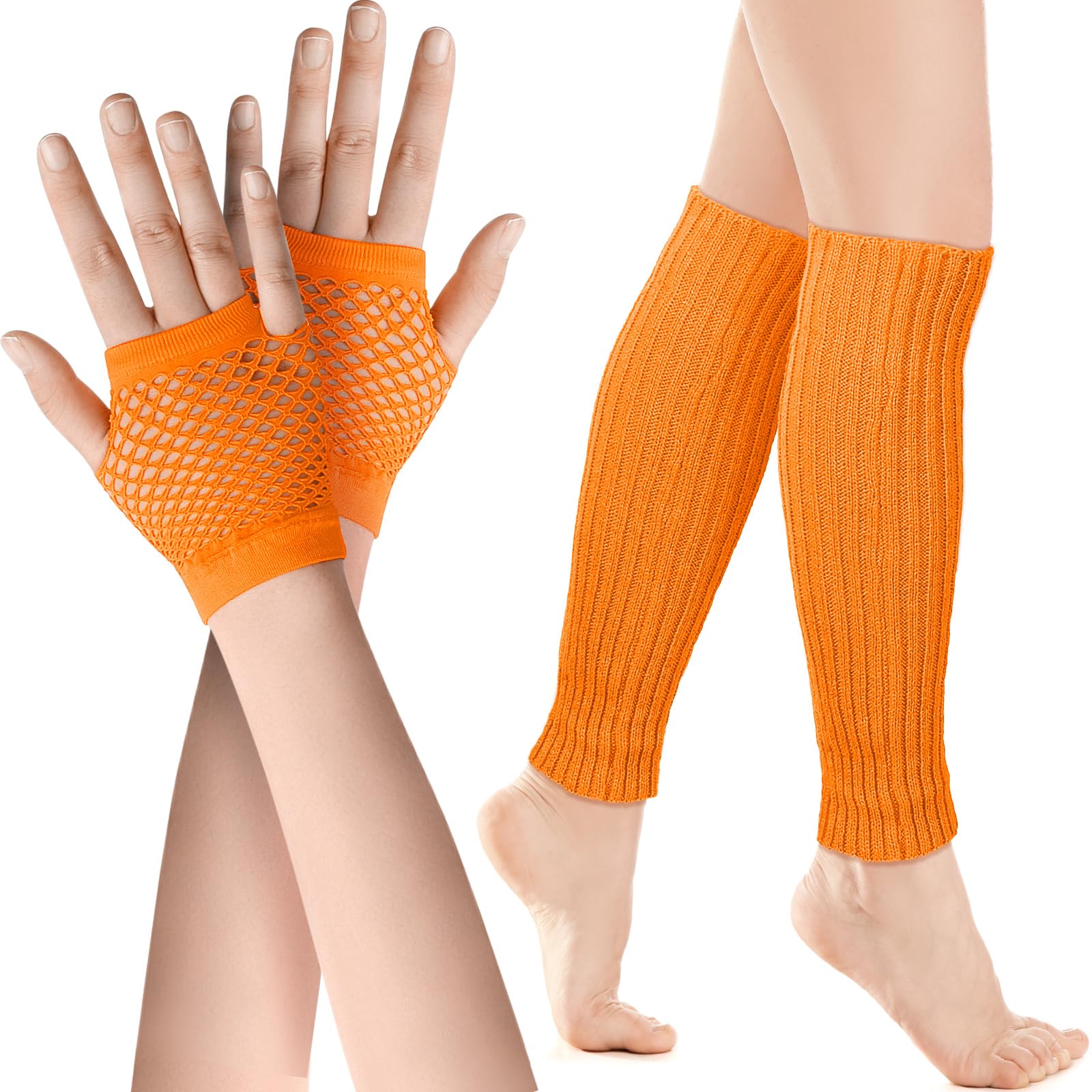 SATINIOR Neon Leg Warmers and Fishnet Gloves Set 80s Fancy Dress Costume Accessory Stretchy Leg Warmers Fishnet Gloves (Orange) — image 1