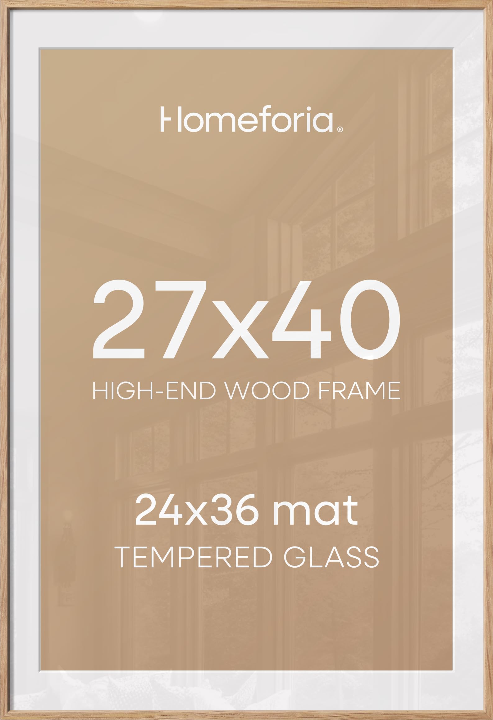Homeforia Wood Poster Frame 27x40, High End Natural Oak 27 x 40 Large Picture Frame with Mat 24 by 36, 27x40 Light Wooden Frames Matted to 24x36, 40x27 Movie Frames, Tempered Glass, Wall Kit, Set of 1