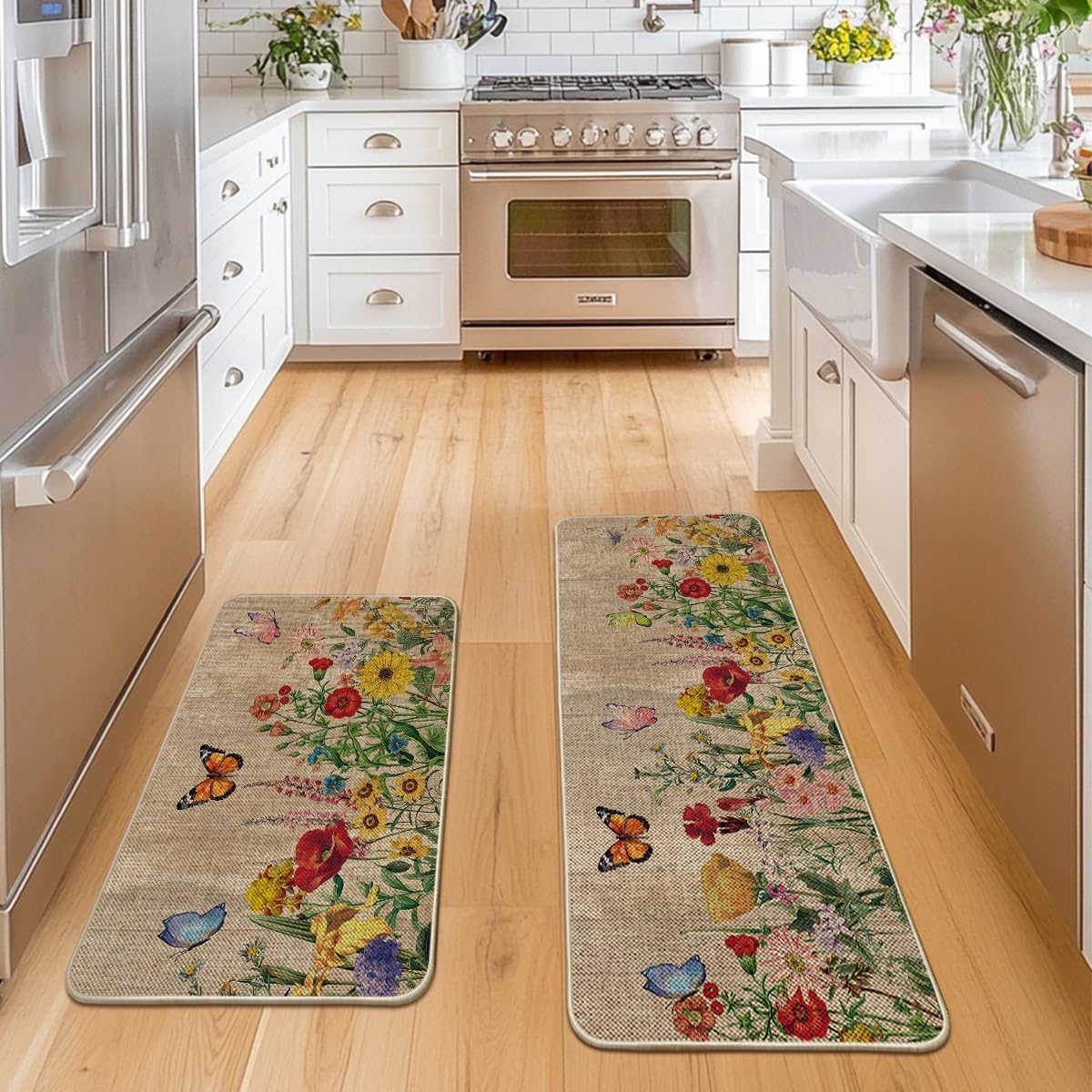 Artoid Mode Wood Flowers Butterfly Spring Kitchen Mats Set of 2, Seasonal Home Decor Leaves Low-Profile Kitchen Rugs for Floor - 24x35 and 24x59 Inch