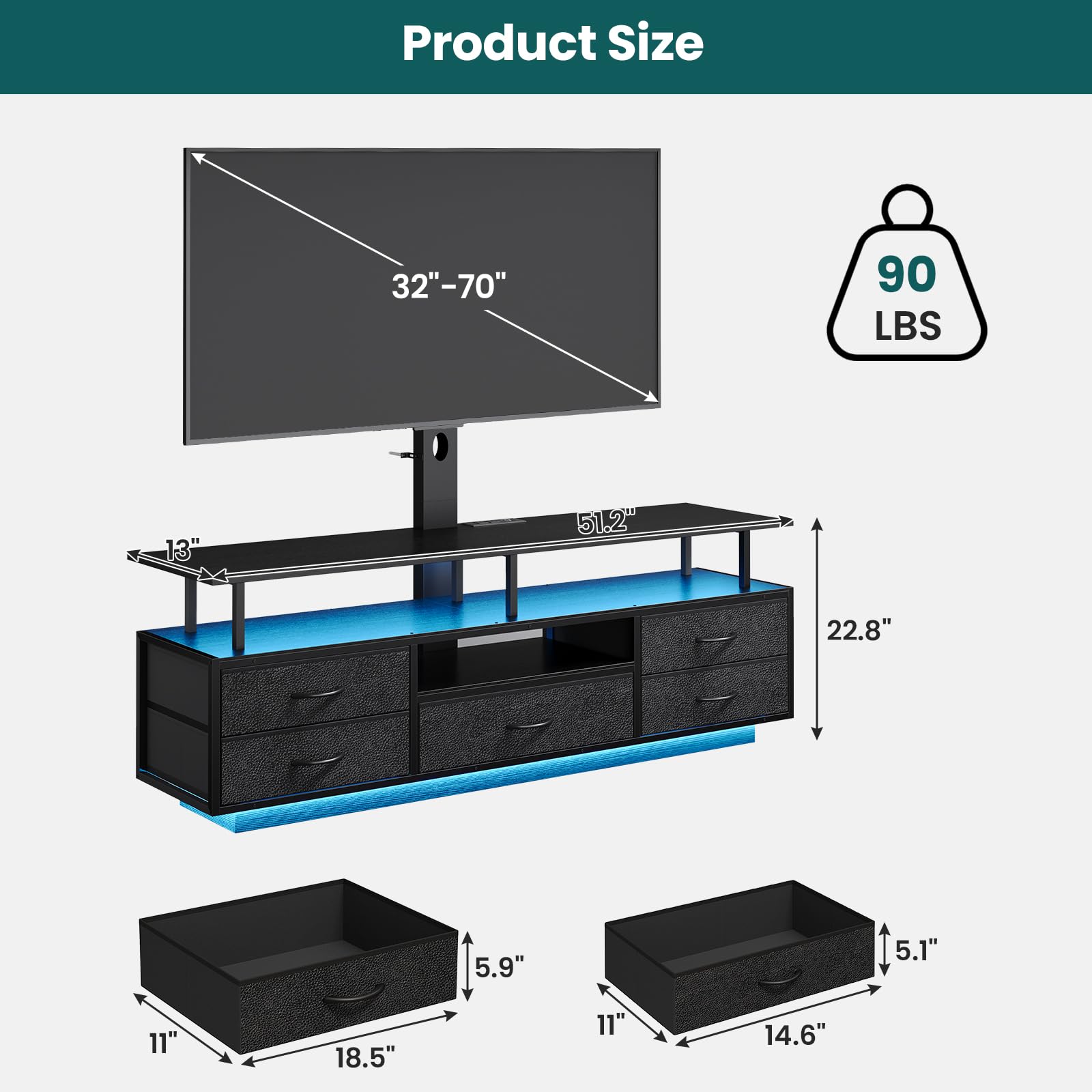 BTHFST TV Stand with Mount for 32/55/65/70 inch TVs, 51.2" LED TV Stand with Power Outlets & Storage, Entertainment Center with Storage for Living Room, Bedroom Black