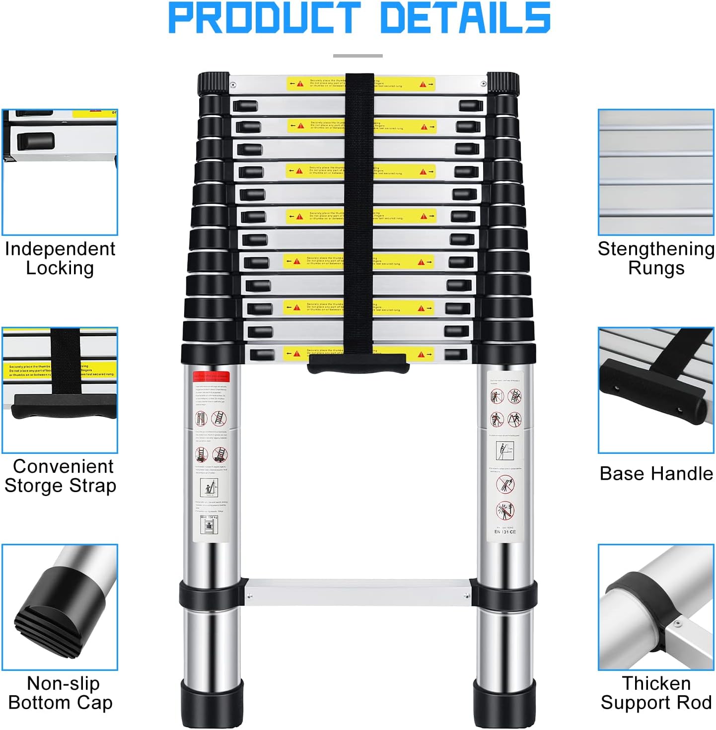 FAHKNS Telescoping Ladder,16.5 FT Aluminum Extension Ladder, Heavy Duty 330lbs Max Capacity,Folding Compact Portable Anti-Slip Ladder for Loft, Home,RV or Outdoor Work