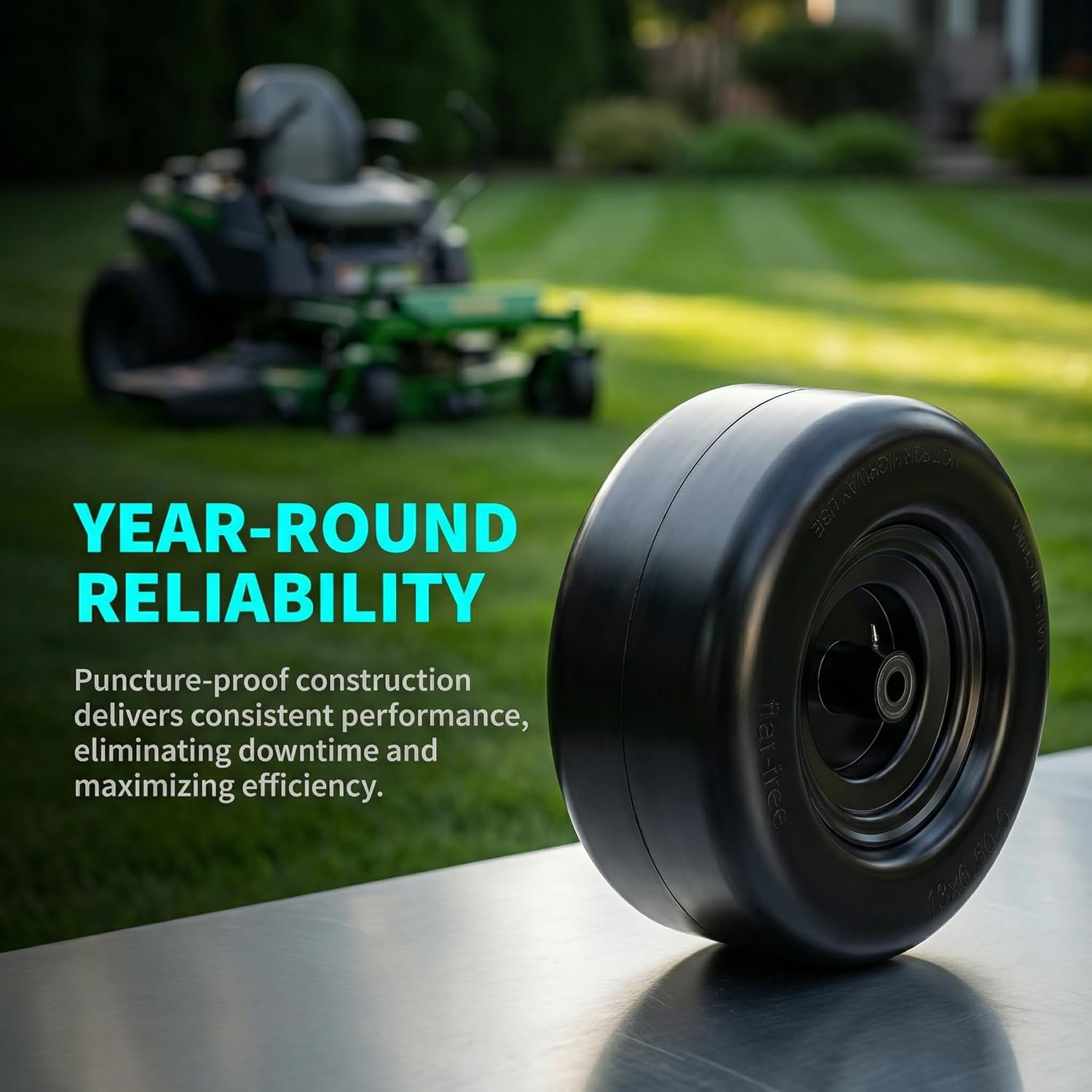 13x6.50-6 Flat Free Lawn Mower Tire and Wheel 2Pcs - 3/4"，5/8"，1/2" Bearing, 5.5"-9.4" Centered Hub, Smooth Tread for Zero Turn Garden Tractor Commercial Mower