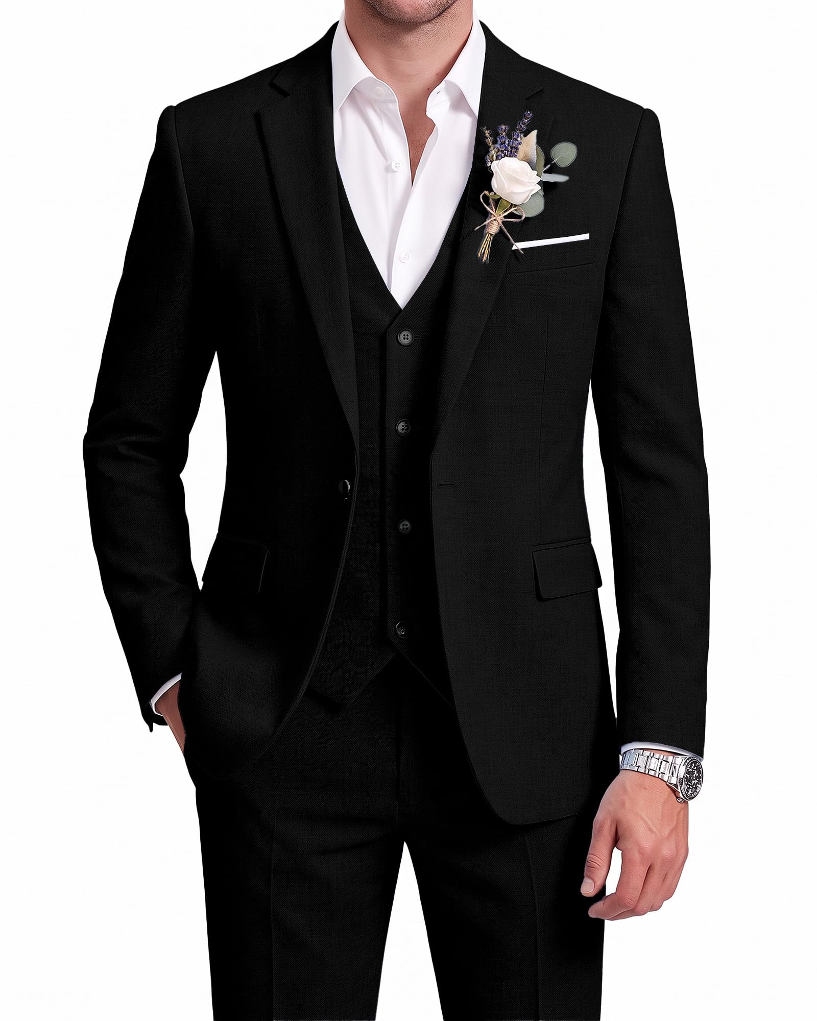 WULFUL Men's Linen Suit 3 Piece Slim Fit