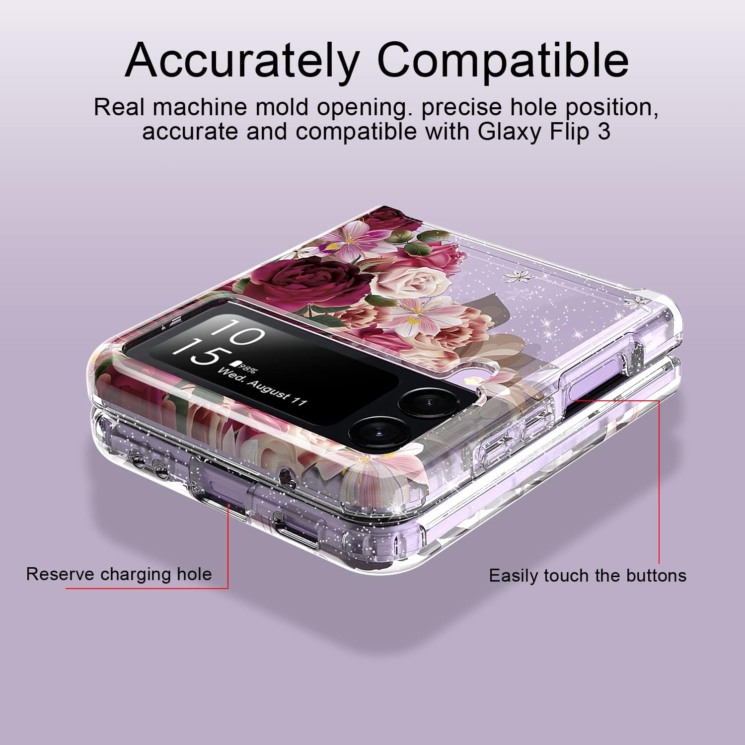 ACKETBOX Galaxy Z Flip 3 Case,Glitter Clear Sparkly Bling TPU Built-in Non-Slip Mat Impact Resistant Shockproof Hybrid Full Body Protective Case Cover for Samsung Galaxy Z Flip 3 5G 2021 (Flower)