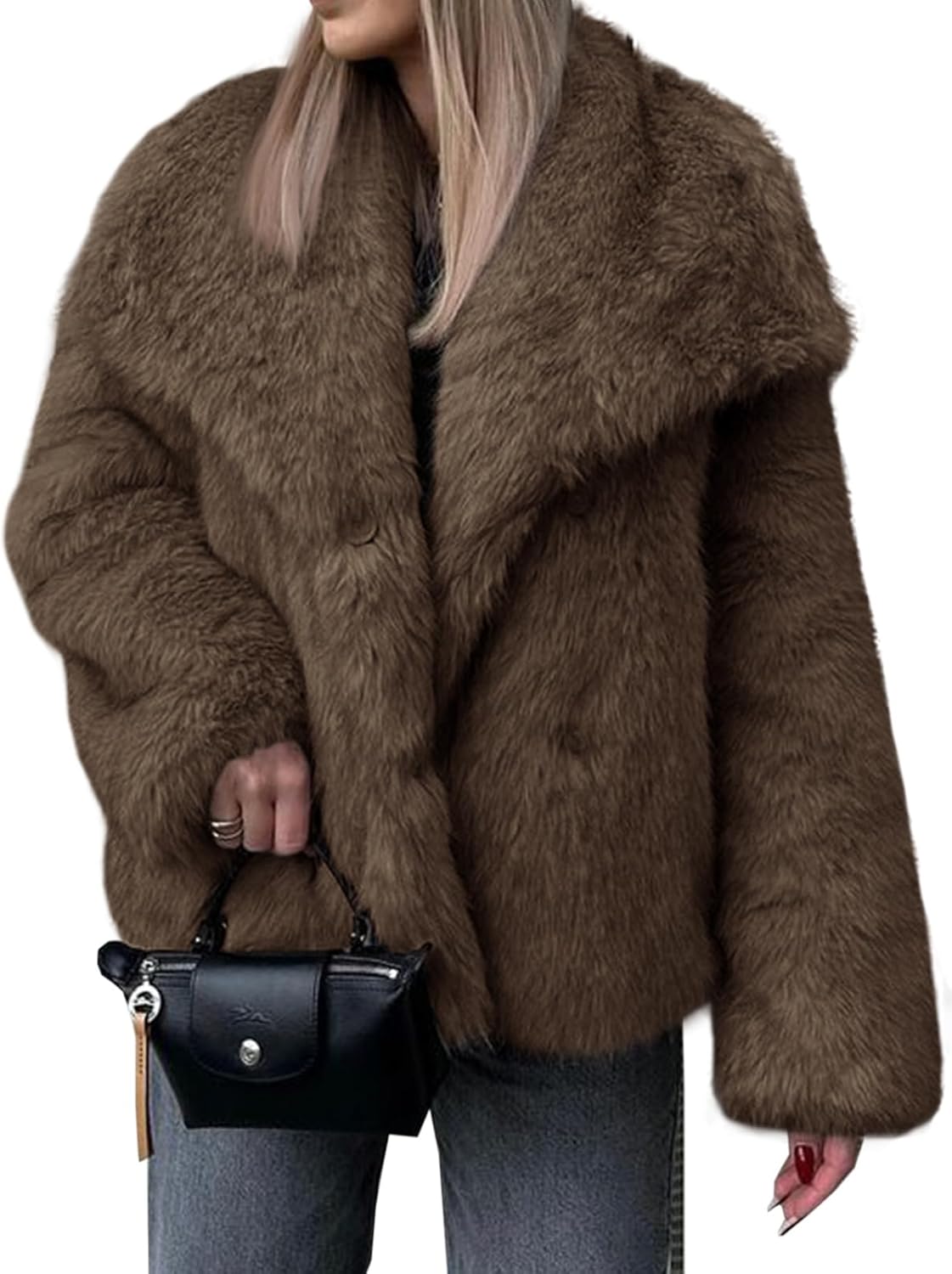 Cicy Bell Womens Faux Fur Coat Winter Shaggy Casual Oversized Lapel Jackets Warm Fuzzy Outerwear