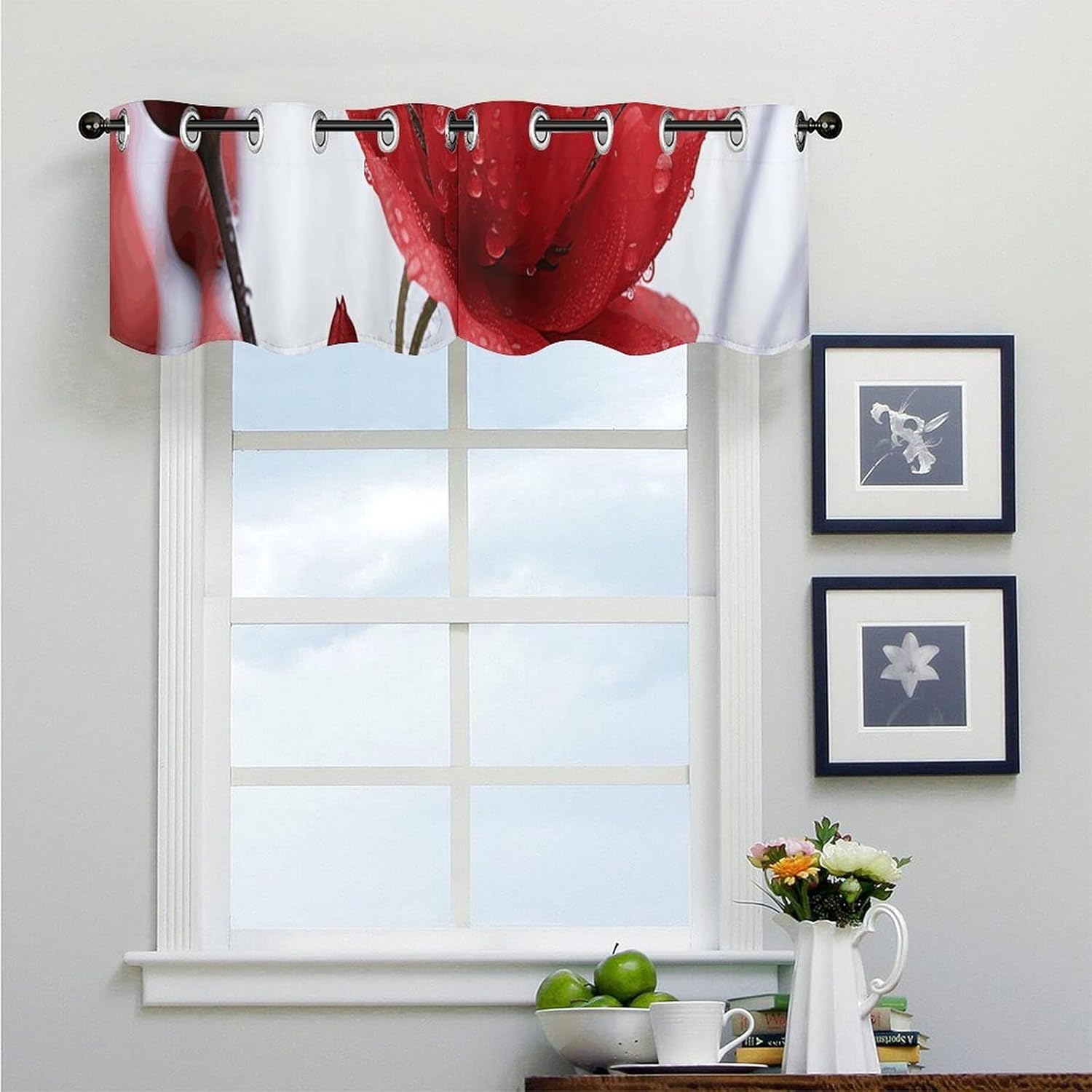 Red Flower Bud Valances for Window 2 Panels. Light Filtering Curtains Farmhouse Short Small Valance.Modern Curtains for Windows Living Room Kitchen Over Sink.