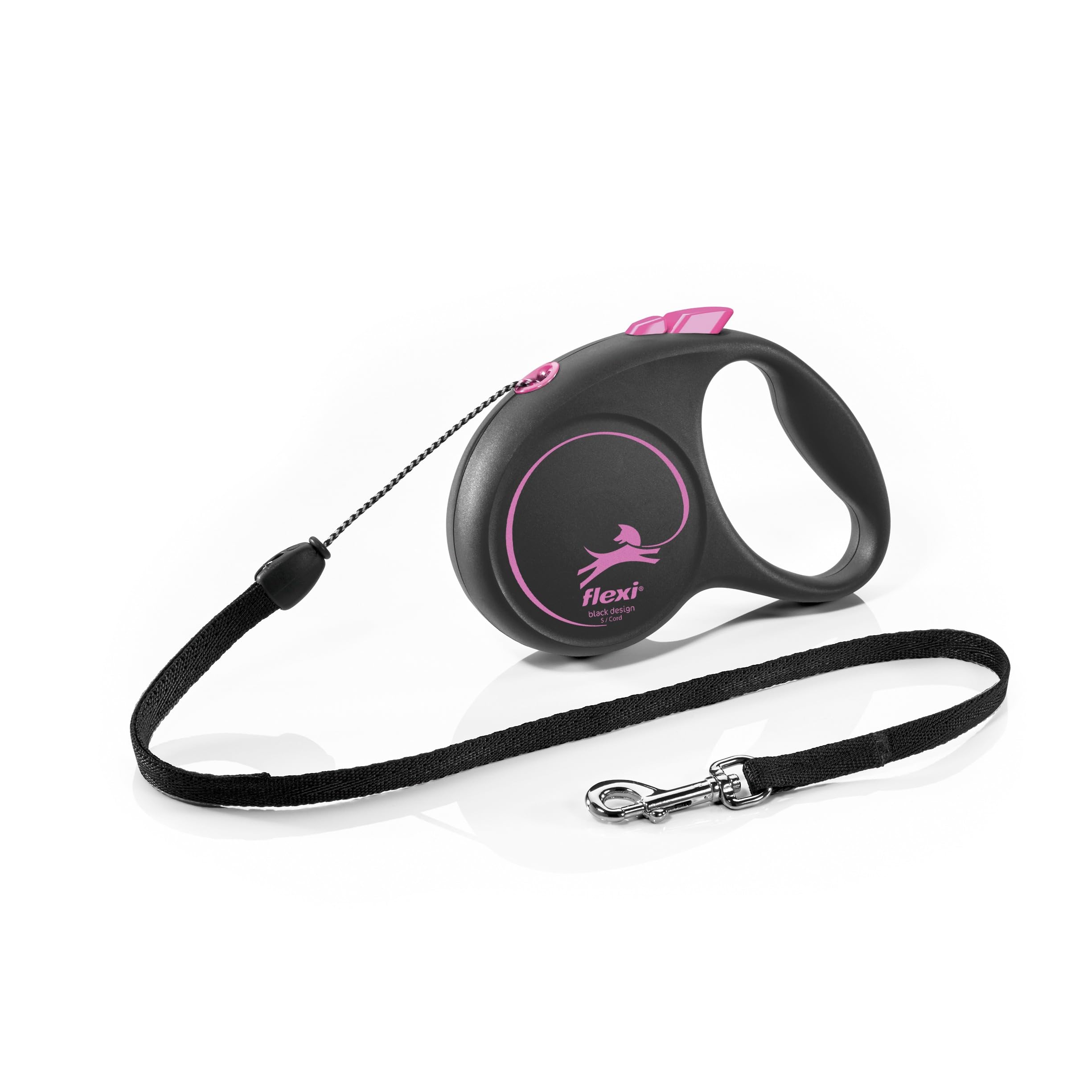 flexi Black Design S | 5 m retractable cord leash for dogs up to 12 kg | Black - pink | Retractable dog lead | Weight: 140 g | Dimensions: 9.6 x 13.8 cm