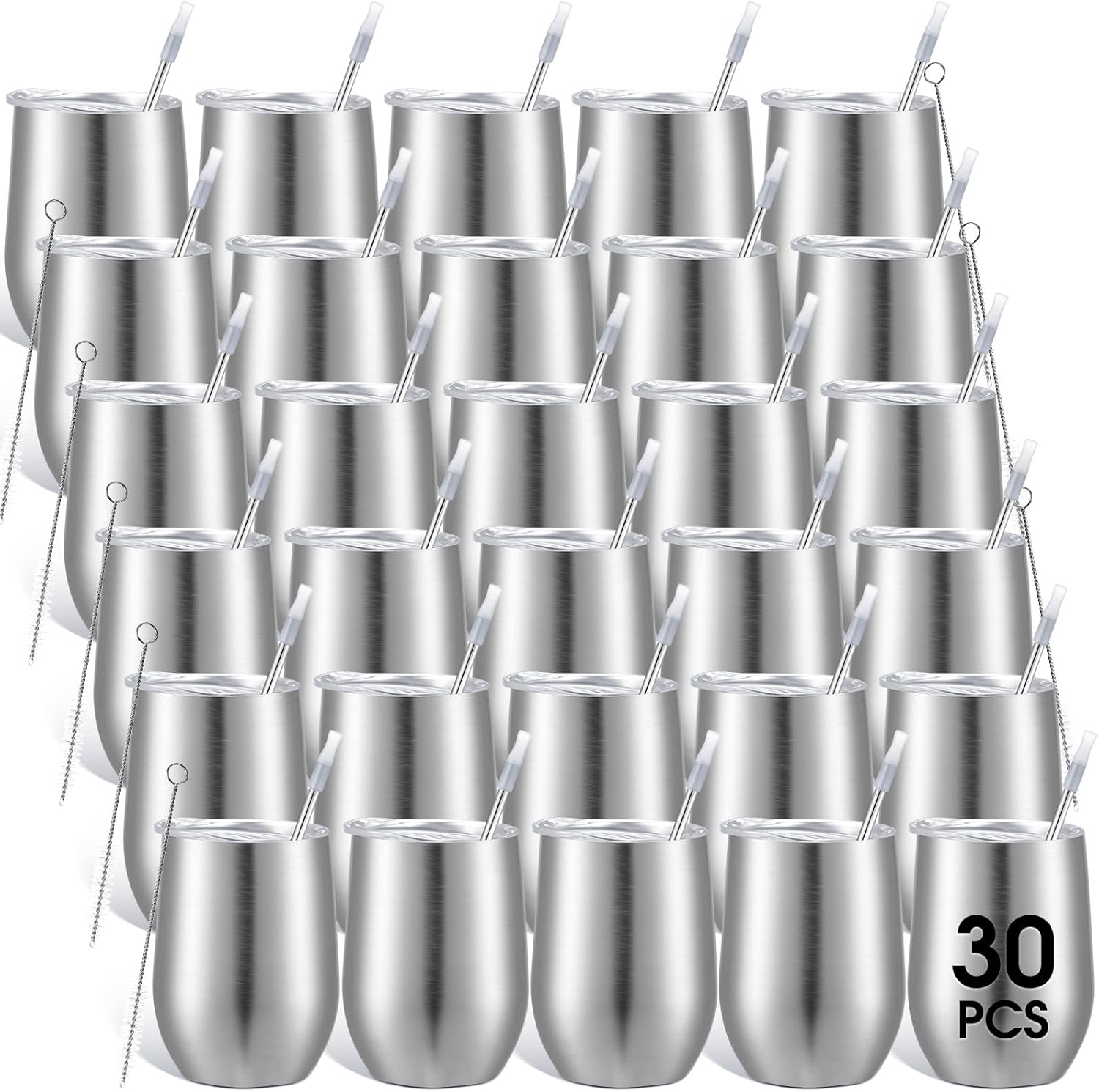 Inbagi 30 Pack 12 oz Stainless Steel Tumblers Bulk with Lids and Straws, Double Wall Insulated Wine Tumblers for Wedding Party Favors, Bridal Shower, Birthday Event Gifts (Silver Gray)