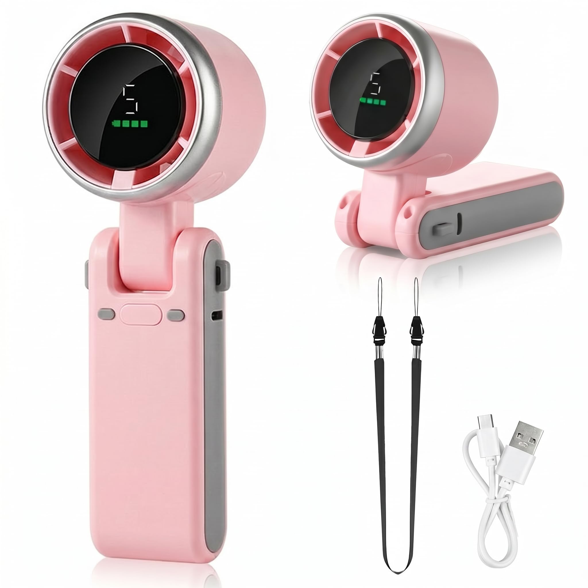 AHRLIC Portable Handheld Fan, USB Rechargeable Mini Personal Foldable Fan 5-Speed Turbo Fans with Digital Display,Neck Rope, Charging Cable, Portable Fan for Home Cooling, Outdoor, Travel, Office