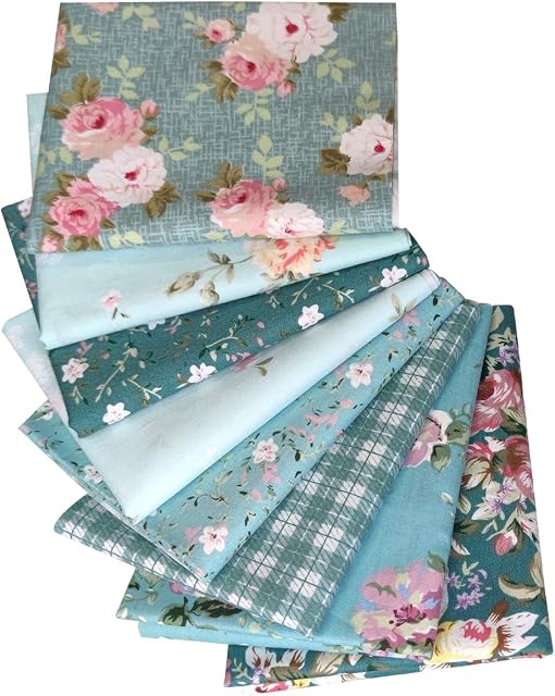 Qililandiy 8pcs Cotton Fabric 100% Cotton with Green Rose Grid Different Patterns Patchwork DIY Fabric 46x56cm Cut for Sewing Crafts Deco