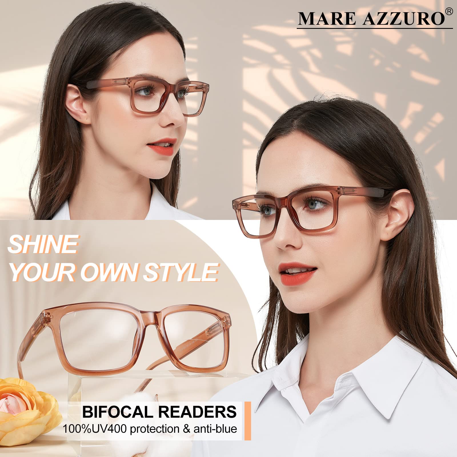 MARE AZZURO Large Square 2.00 Bifocal Reading Glasses Women Blue Light Blocking Readers 100 125 150 175 200 225 250 275 300 350 (Brown, 2.0)