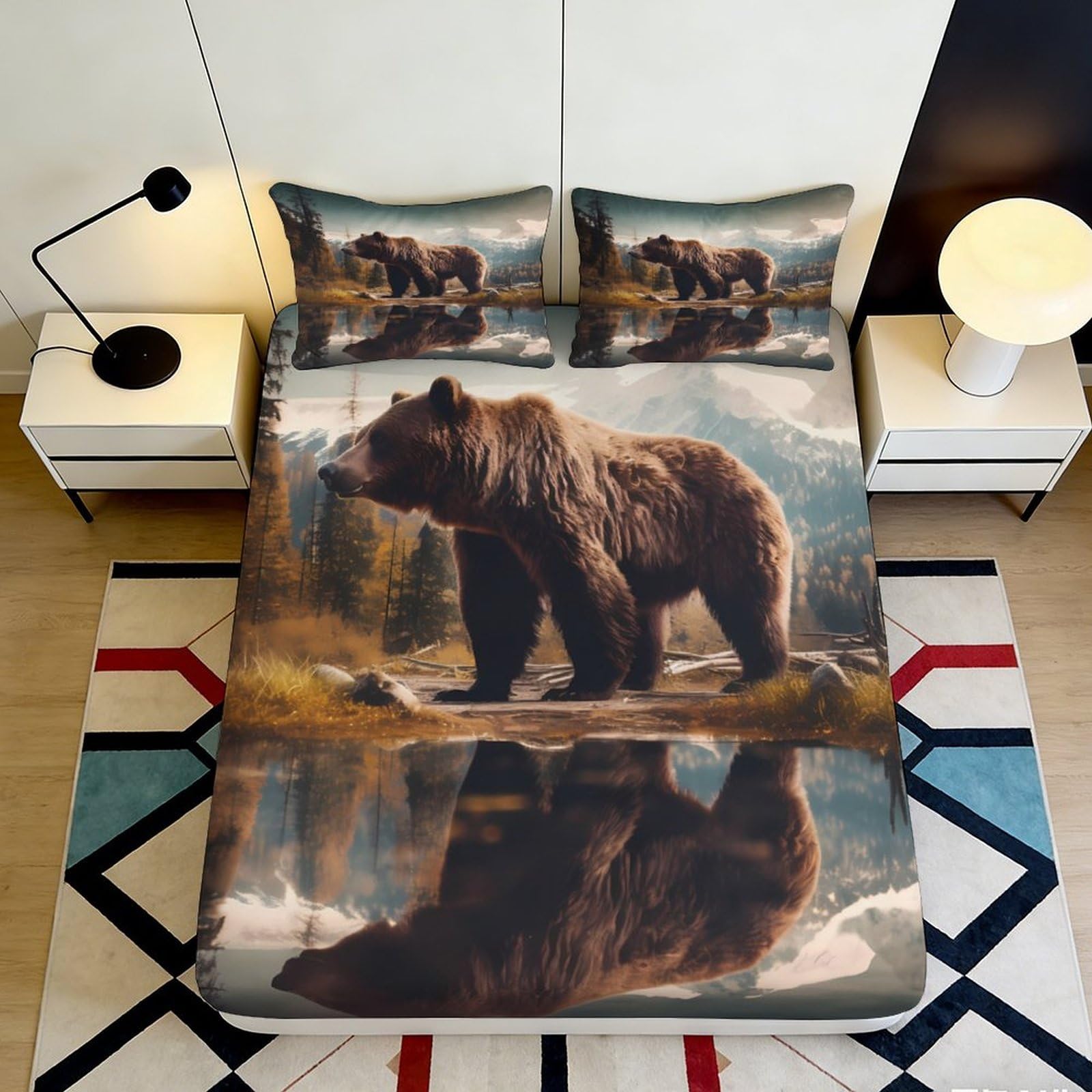 3D Printed Brown Bear Fitted Sheet Microfiber Soft Durable Forest Reflection Bed Cover for Bedroom Dormitory Guest Room Mattress Protection 180x200x25cm