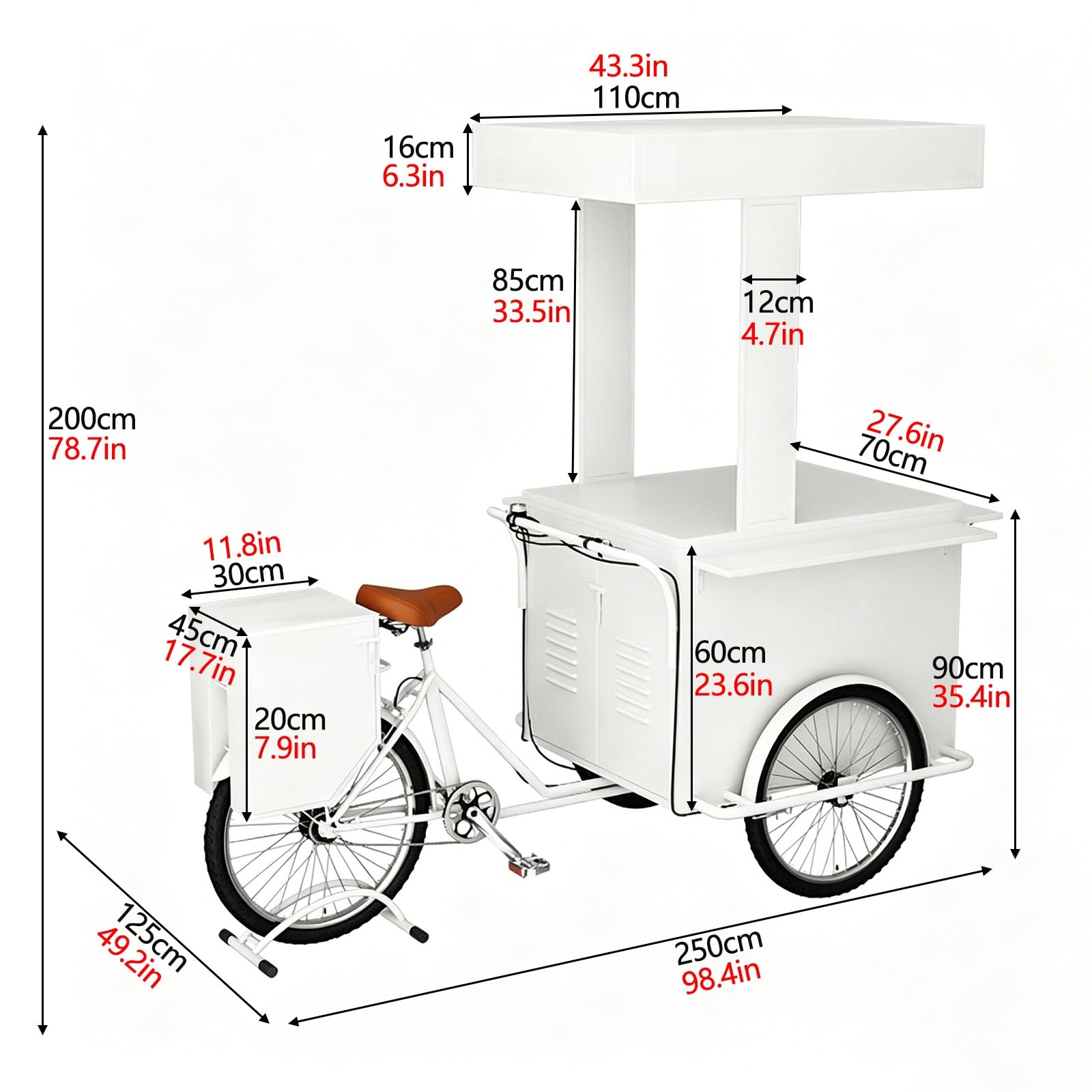 Carrello mobile dell'alimento con il baldacchino, triciclo commerciale di vendita per caffè, gelato, spuntini, bevande, eventi