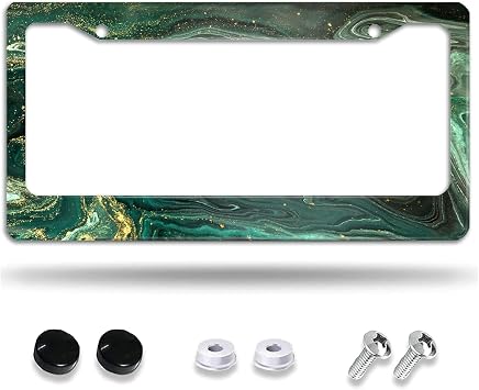Green Gold Liquid Marble License Plate Frame,Metal Aluminum Car Cover Tag Holder Frames,2 Holes with Screw Caps for Men Women 12x6 Inch