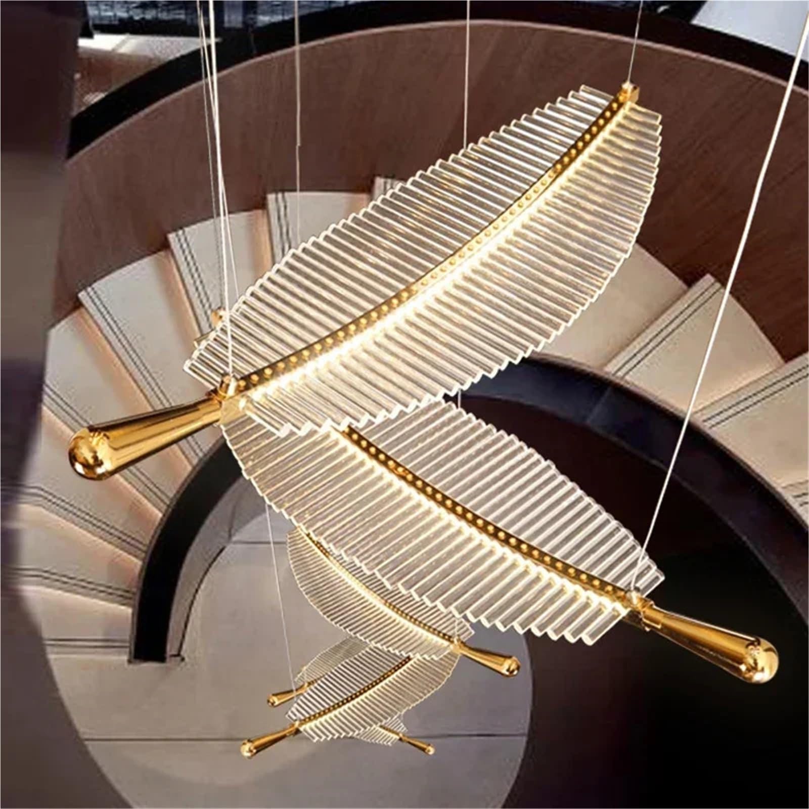 Lámpara de araña LED Moderna y Larga para Escalera, diseño de Plumas de Lujo, lámpara Colgante de Cristal, lámpara Dorada de Gran tamaño para recibidor.