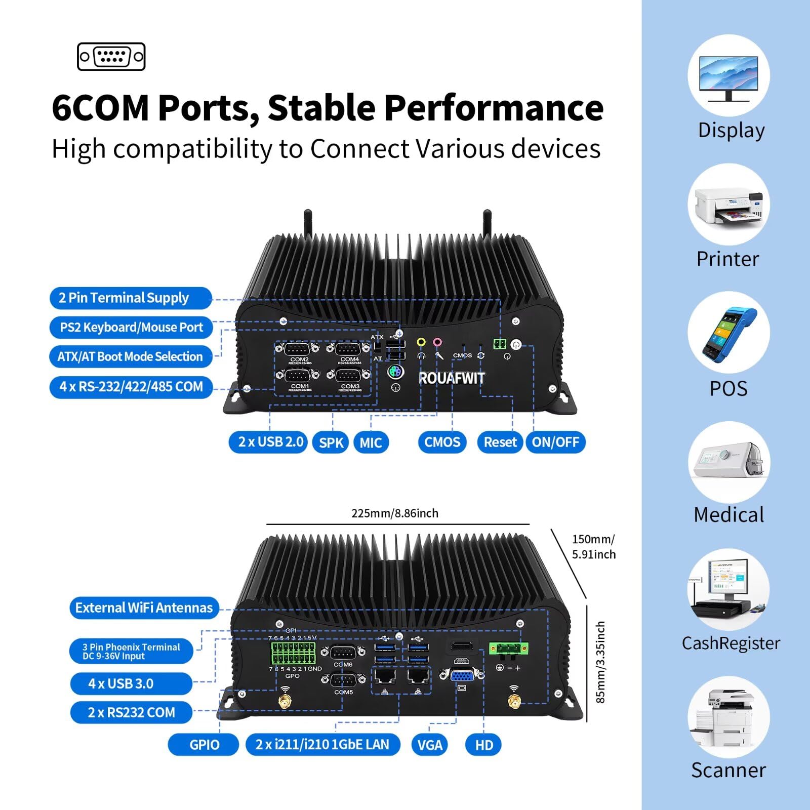 Industrie PC Fanless Mini PC Core i7-7560U, DDR4 8GB RAM 256GB SSD, Barebone, 4RS232/422/485COM, 2Gigabit LAN, HD+VGA, Fanless Industrial Fanless Embedded Auto Power On