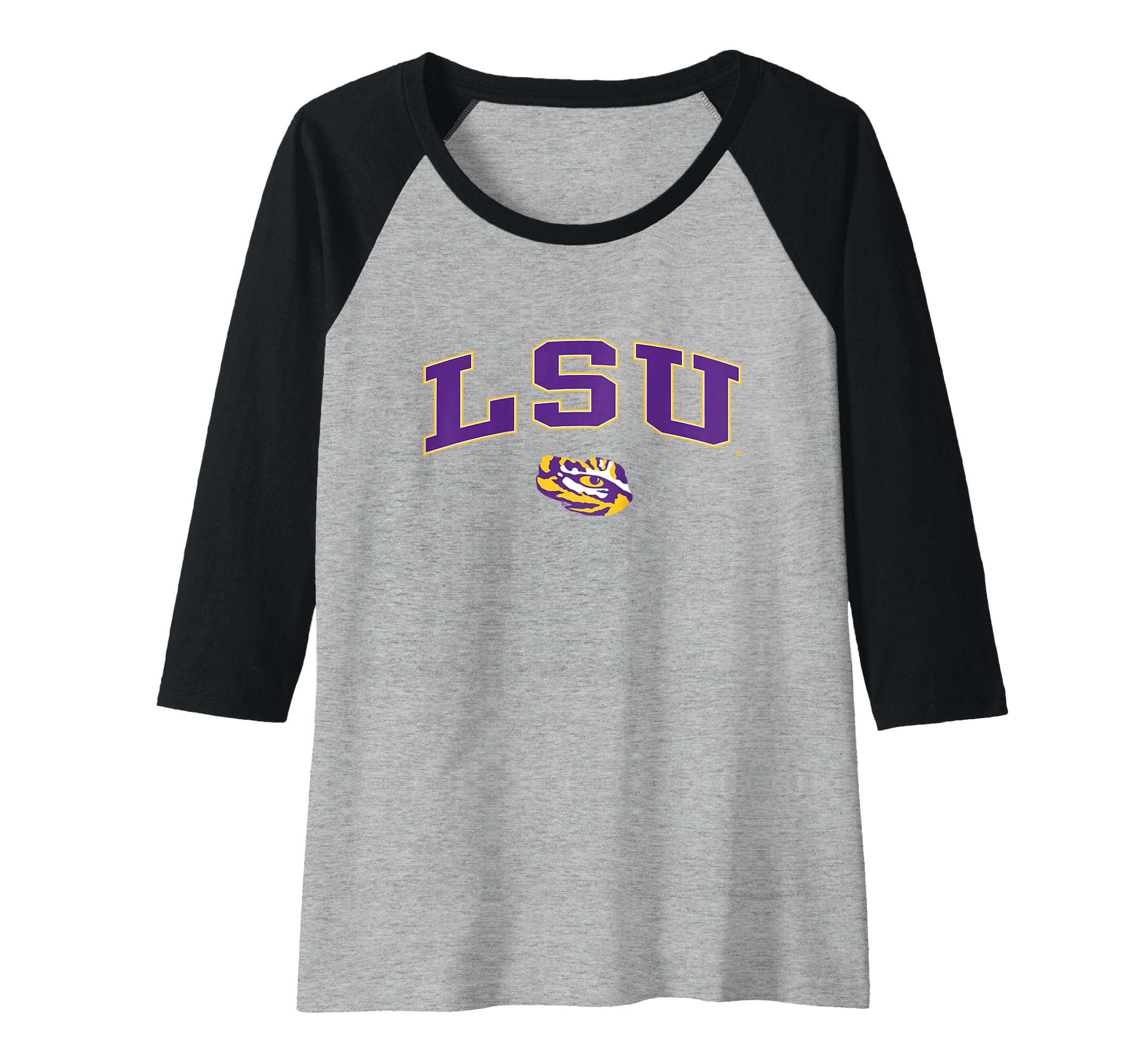 Womens LSU Tigers Womens Arch Over Heather Gray Officially Licensed Raglan Baseball Tee