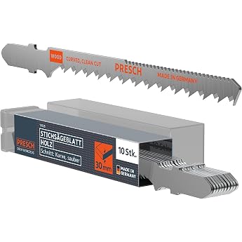 Presch Jigsaw Blades Wood Pack of 10 Curve - Very Clean Curve Cut 4-30 mm - Jigsaw Blade Set Double-Sided - T-Shank for Each Jigsaw - Saw Blades for Chipboard OSB etc.