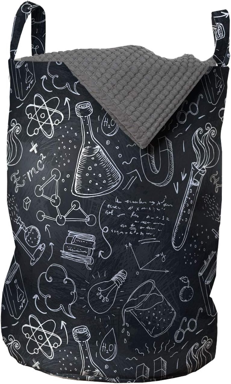Lunarable Science Laundry Bag, Science Lab Sketch Design with Education Themed Flasks Formulas and Books, Hamper Basket with Handles Drawstring Closure for Laundromats, 13" x 19", Charcoal Grey White