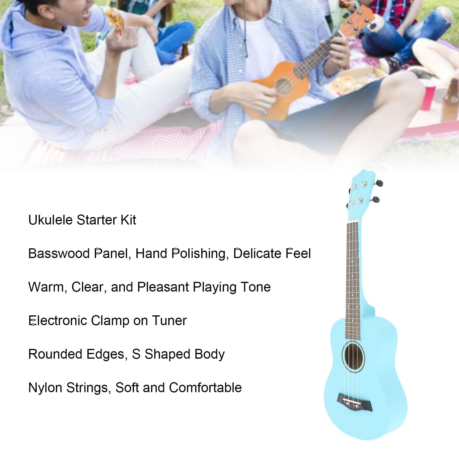 Kadimendium Kit Iniziale per Ukulele Ukulele in Tiglio da 61 Cm con Accordatore Digitale e Accessori per Principianti