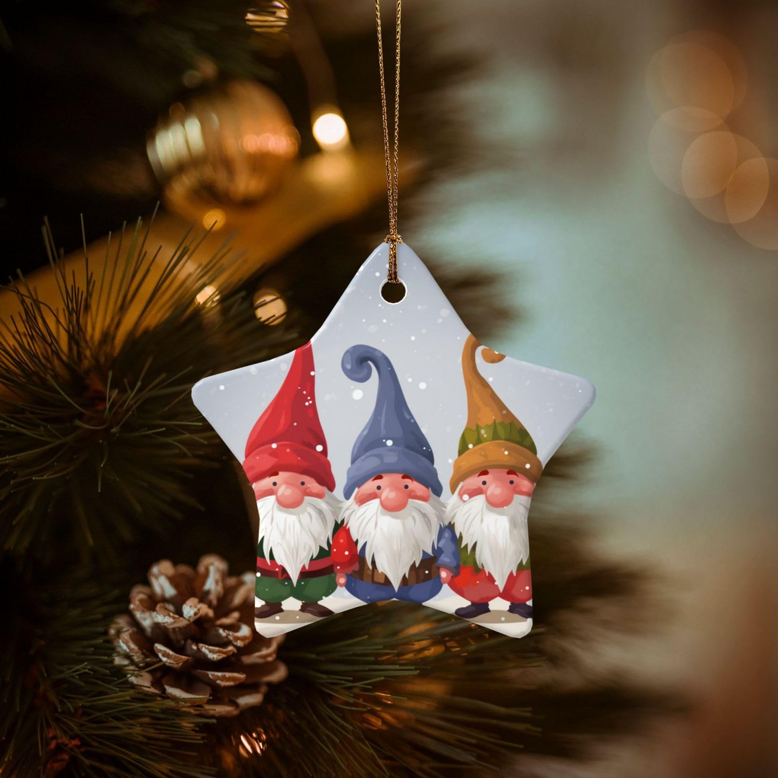 Christmas Ornaments for Christmas Tree Decoration Hanging Christmas Winter Gnomes Ornament with Gold Ribbon Crafts Star Shape Ceramic Pendant for Keepsake Gifts Xmas Decor Party Supplies