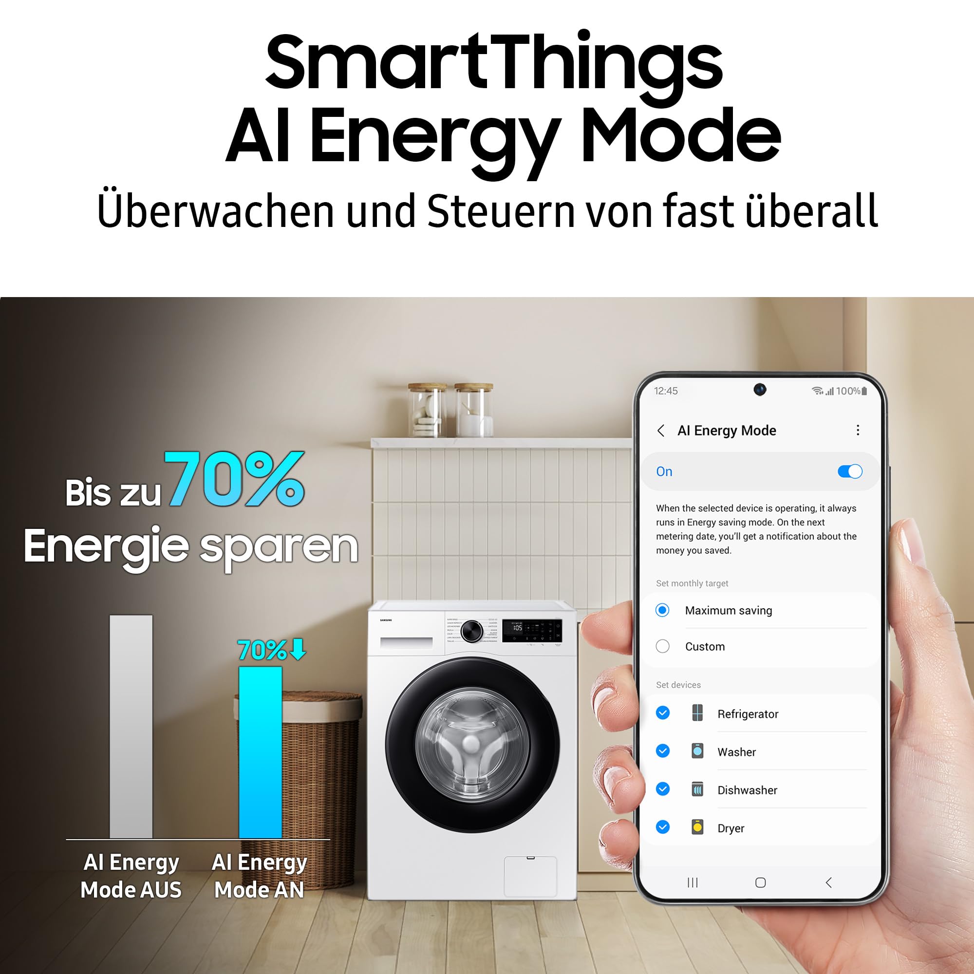 Samsung WW90DG5G34AEEG Waschmaschine WW5100D SLIM 9 kg 48 cm tief Dampfprogramm AI Energy Mode Ecobubble WiFi Mikroplastik-Programm AI Wash SuperSpeed 39 Min. Weiß