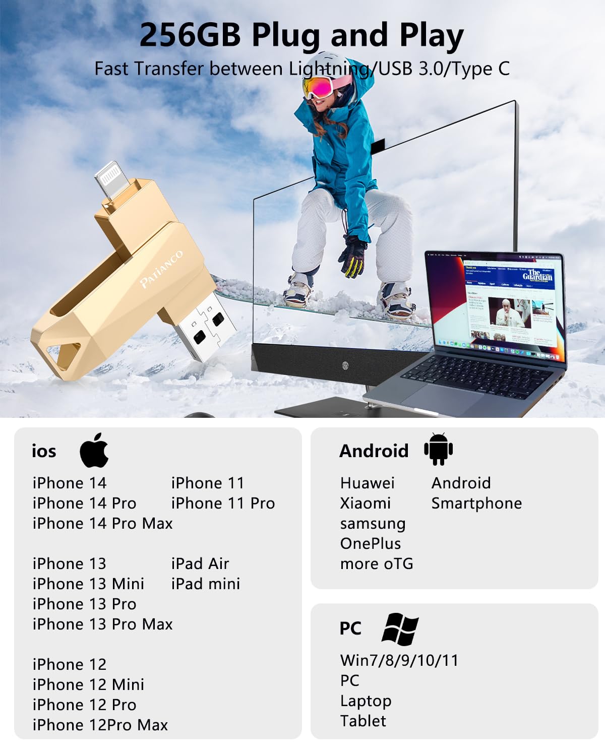 Patianco Chiavetta USB per iPhone 256GB [MFi Certified] USB 3.0 Pendrive per Lightning Chiave USB C Memoria Stick 3 in 1 Backup Rapido con un Clic per OTG Android/Mac/PC/Type C-iPhone/iPad(256GB,Oro)