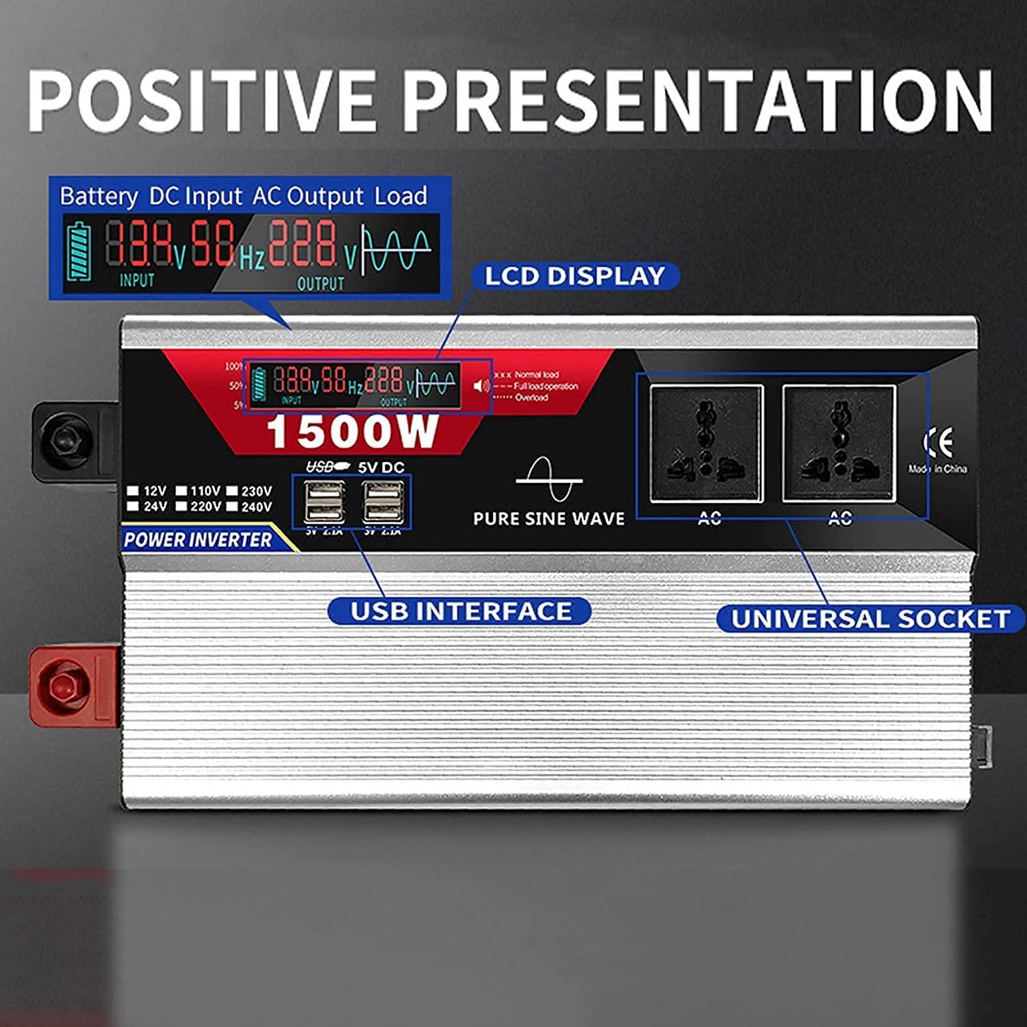 1000W 1500W 2000W 3000W (wyjście ciągłe) czysta fala sinusoidalna samochodowa przetwornica napięcia DC 12V/24V na AC 230V 240V konwerter z 2 gniazdami AC i wyświetlaczem LCD,1500W-12V