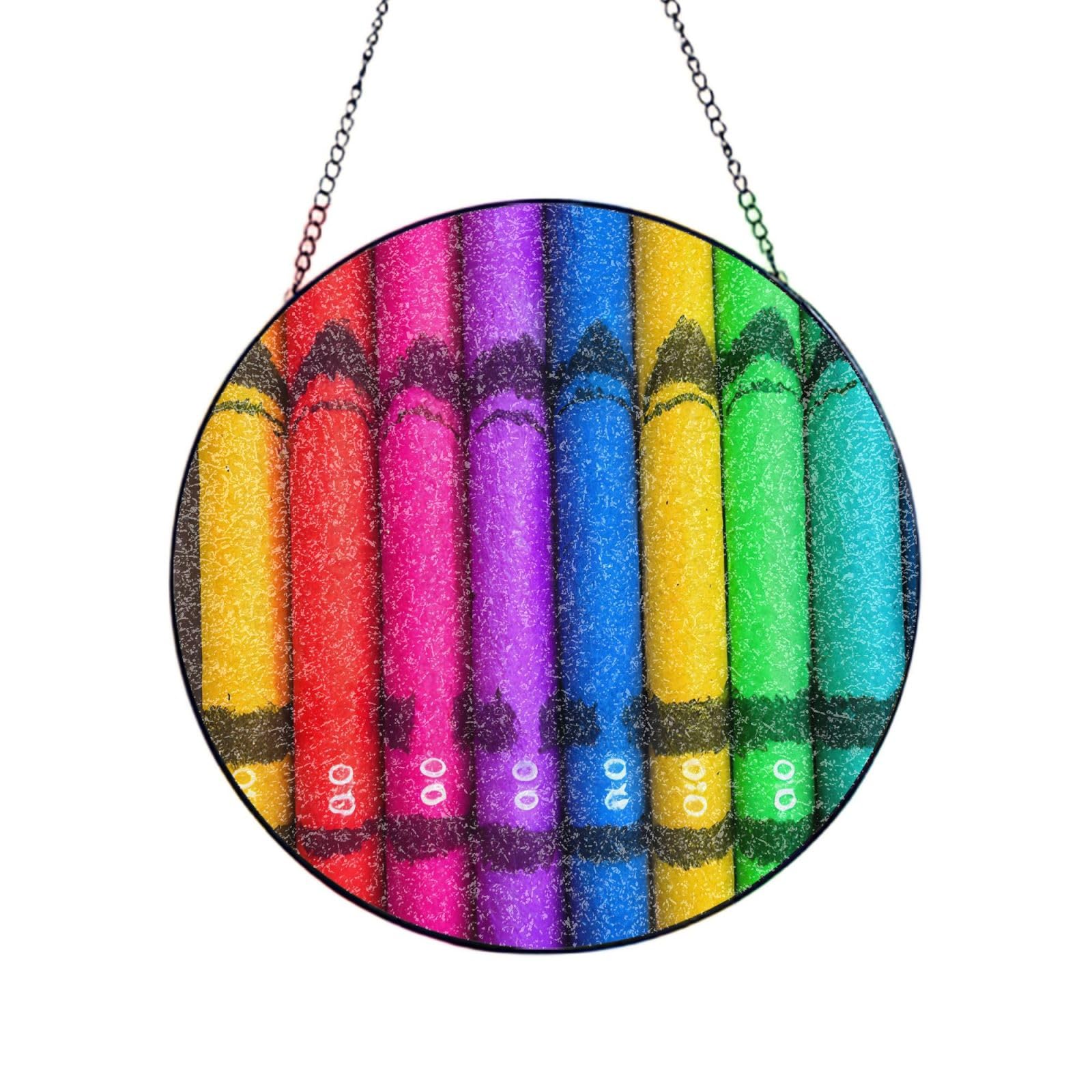 Phayah Colored Crayons Print Glass Window Hanging Sun Catchers Suncatcher Decor For Birthday For Home Garden Porch 10in（25cm）