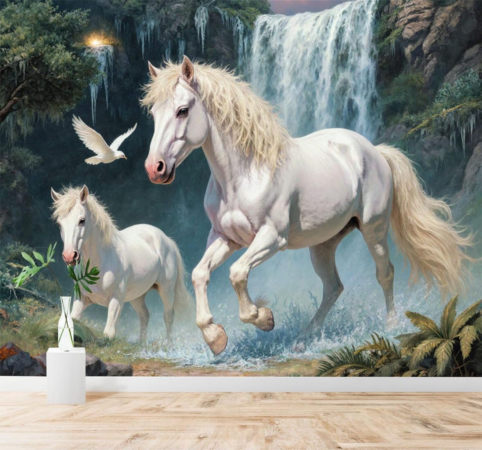 Xlming 250Cm×170Cm(B×H) White Horse Waterfall Forest Birds Natural Scenery 3D Wallpaper Silky Texture Home Study Office Grey Dining Room Sofa Bedroom Living Room Tv Backdrop-250Cm×170Cm