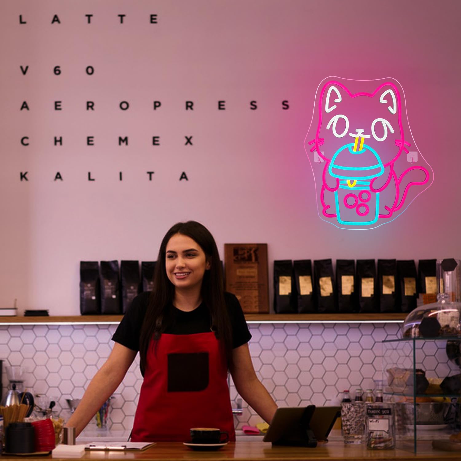 Looklight Neonowa tabliczka z motywem kota Boba Tea, dekoracja ścienna, neonowe światło dla kotów, kolorowe tabliczki neonowe LED, Bubble Tea, neonowy szyld do pokoju dziecięcego, sypialni, baru,