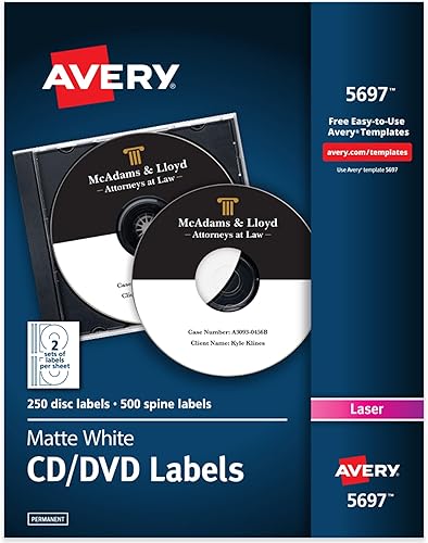 Avery Etiquetas de CD imprimibles, blanco mate, adhesivo permanente, compatible con impresora láser, 250 discos y 500 etiquetas de loma, ideal para