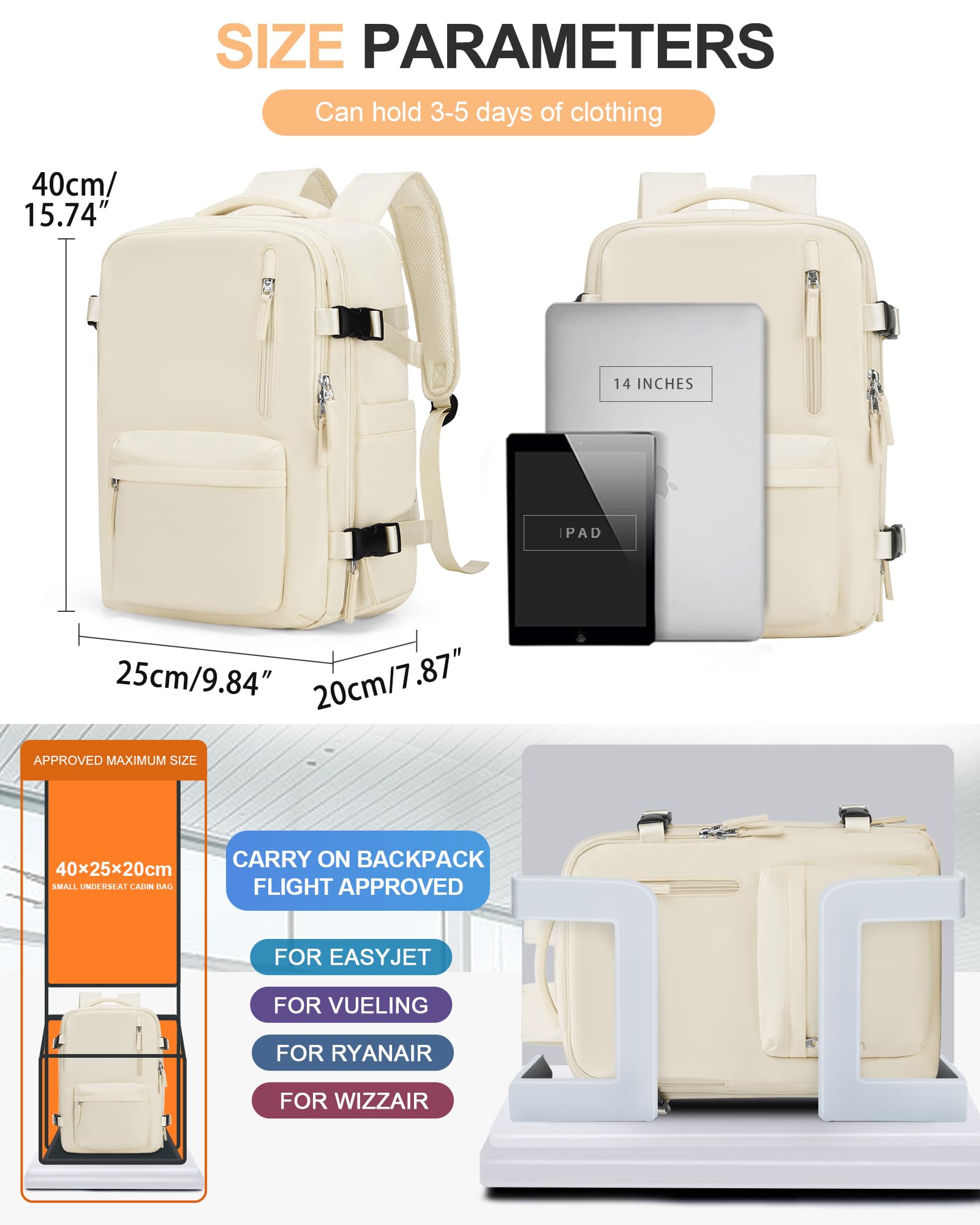 BJLFS Borse da Cabina per Ryanair 40×20×25 Zaino da Viaggio con Sottovuoto Bagaglio a Mano Easyjet 45×36×20,Zaino con sistema di compressione,Zaino Casual per laptop da 14 pollici per scuola