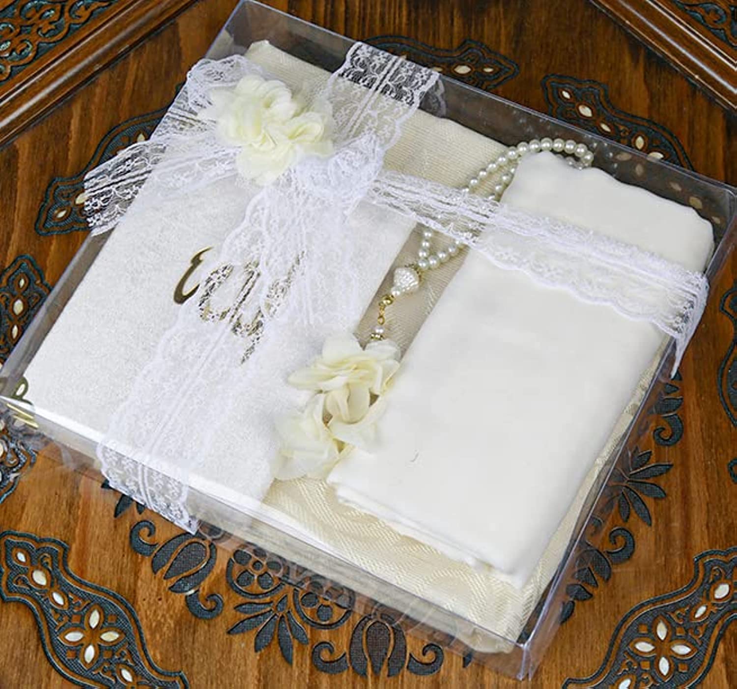 A Luxurious And Thoughtful Gift In all occasions For The Special Girl In Your Life A Regal White Velvet Quran, Accompanied By An Elegant Hijab, A Convenient Prayer Mat, And A Beautiful Rosary