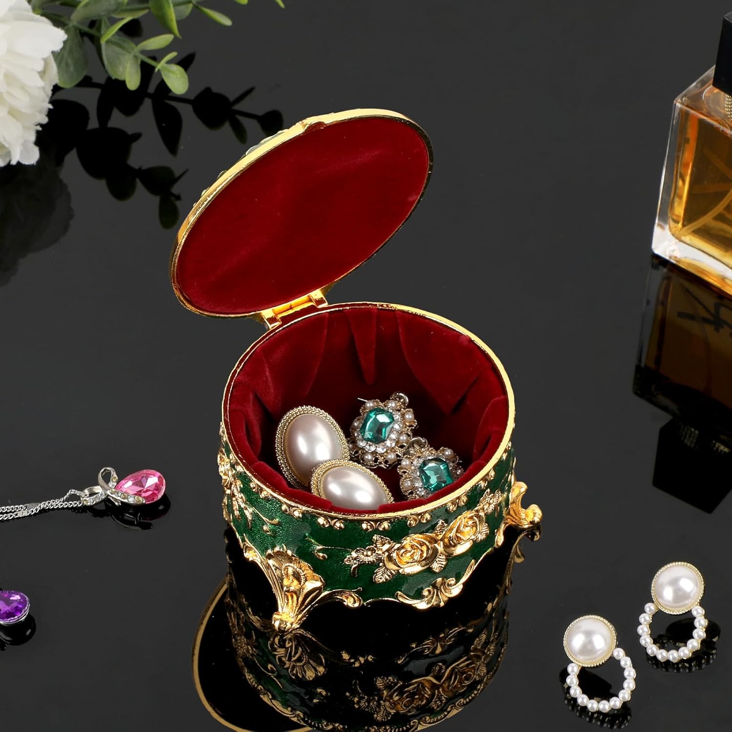 Hipiwe Vintage Jewelry Box Small Trinket Storage Organizer Box Gold Metal Chest Ring Case Treasure Chest Round Keepsake Boxes for Earrings Necklace Gift for Women,Green - Image 4