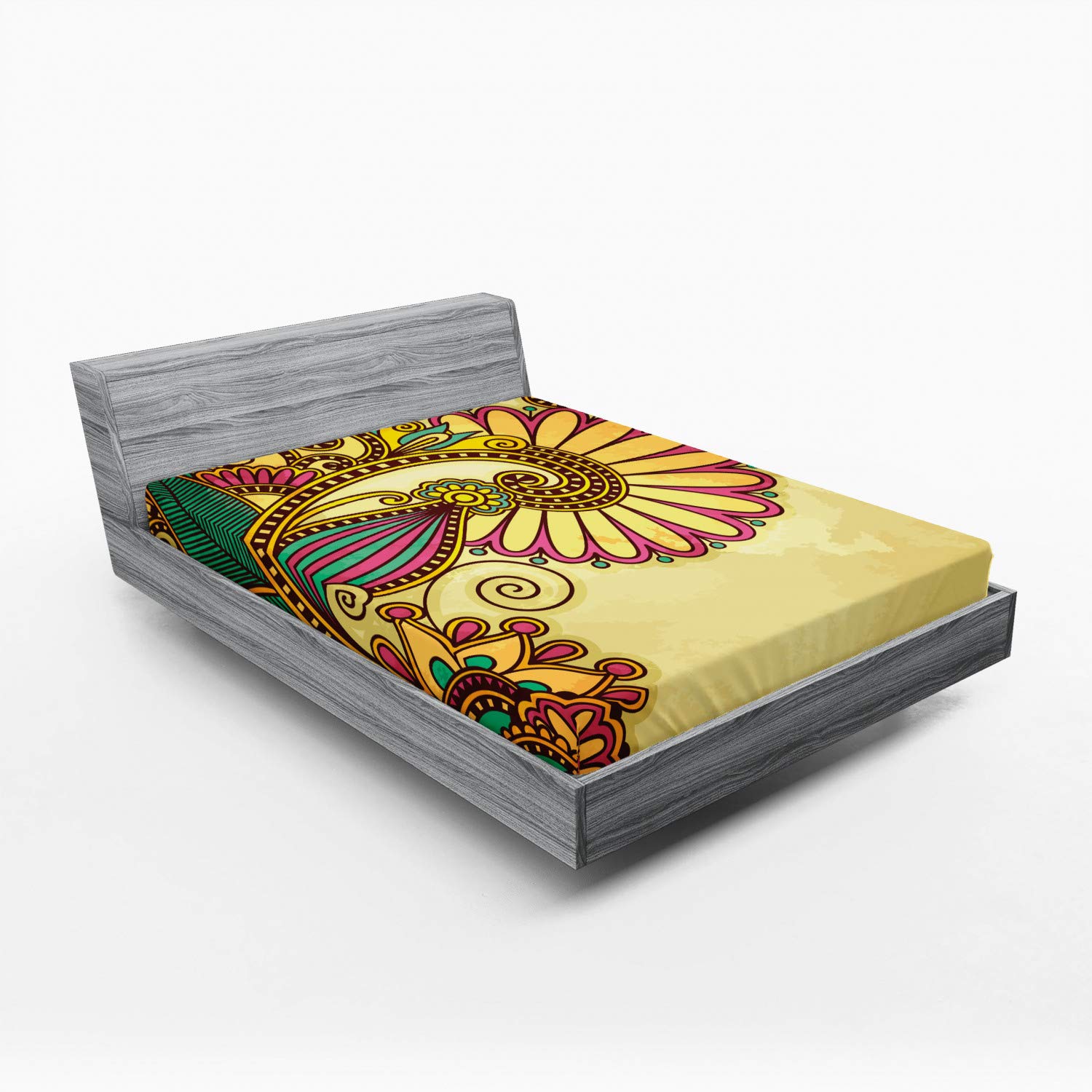 Ambesonne Grunge Fitted Sheet, Paisley Flower Leaf Design with Floral Mandala Oriental Pattern Effects, Bed Cover with All-Round Elastic Deep Pocket for Comfort, Queen Size, Mustard Teal Pink